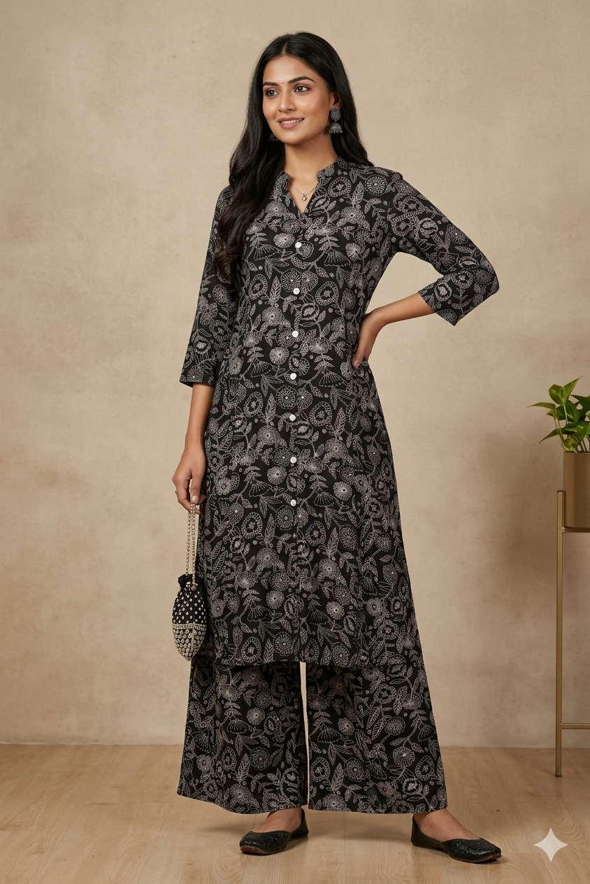 Black Printed Rayon Co-Ord Set