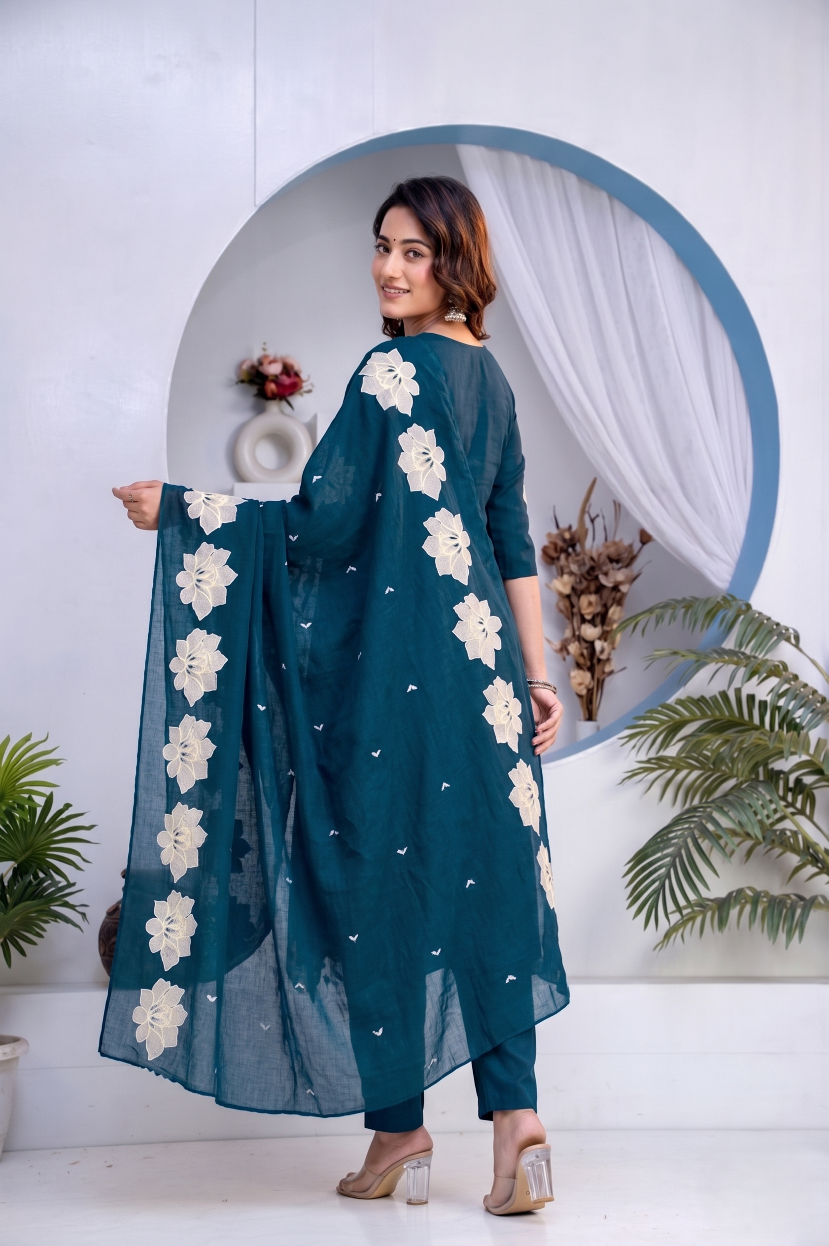 Teal Mirror & Embroidered Pure Cotton 3Pcs Kurti Set