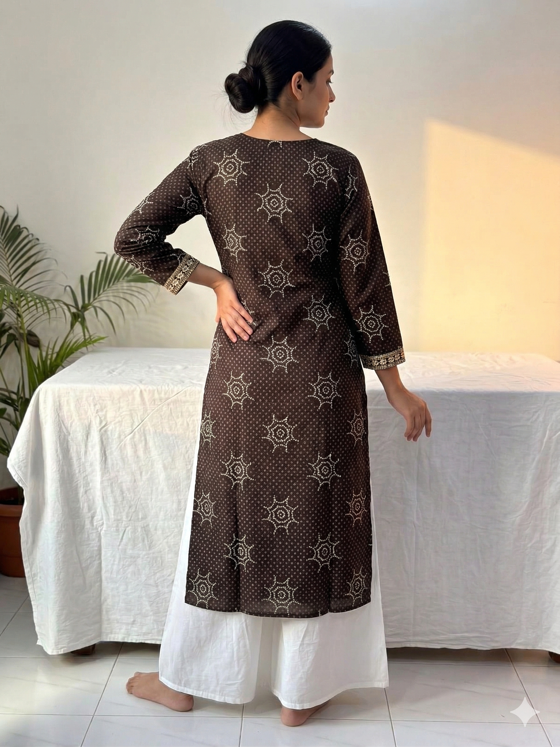 Black Bandhni Printed  Cotton Blend Kurti with Zari Embroidery And Mirror Work On The Yoke (Top Only)