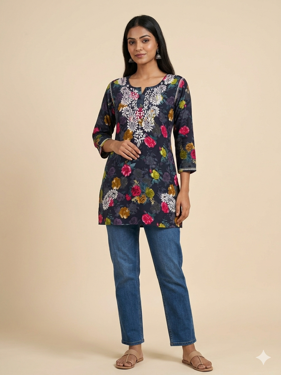 Lucknowi Chikankari Printed Rayon Short Kurti Top