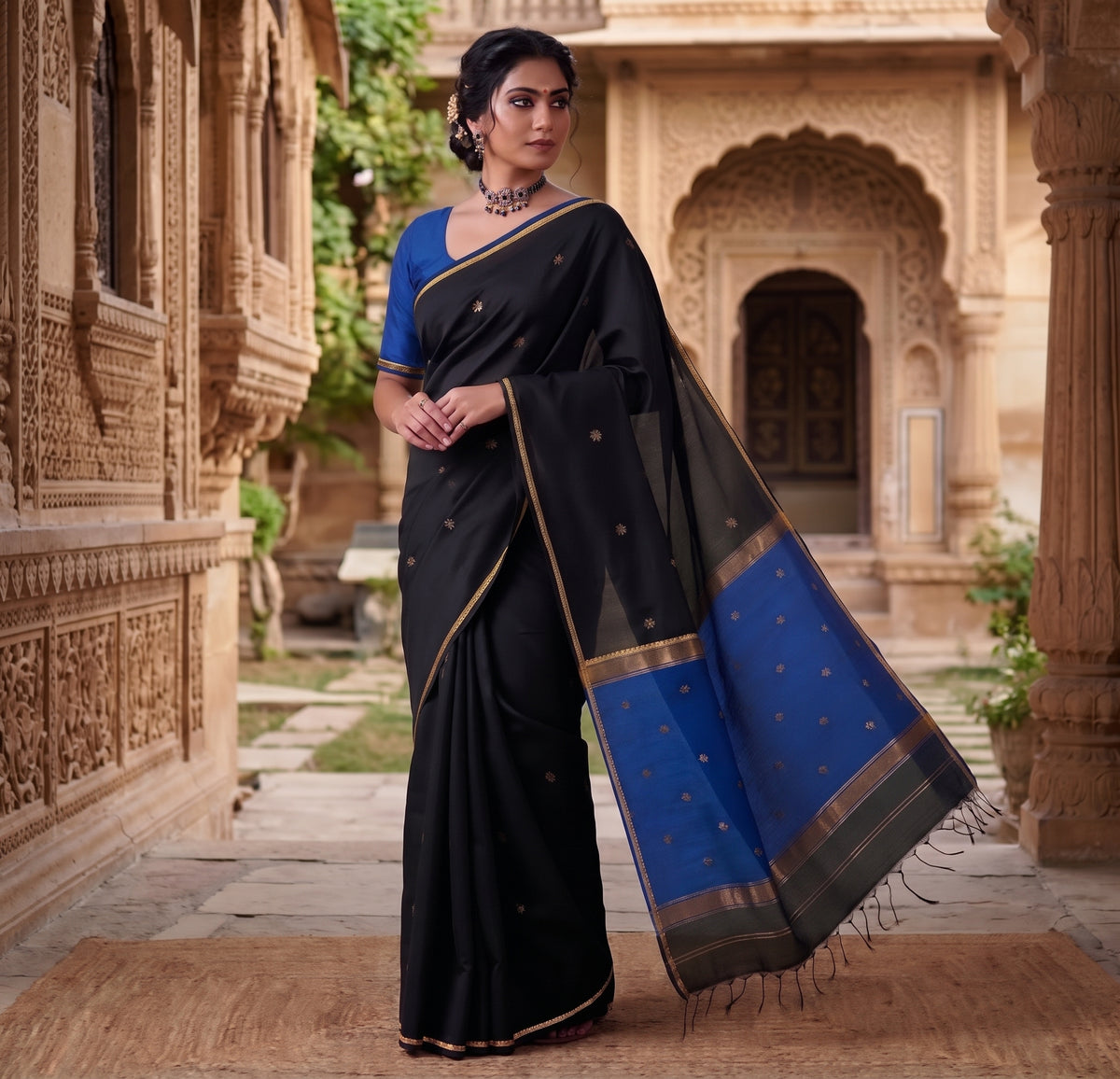 Maheswari Cotton Saree with Golden Butas & Contrast Pallu