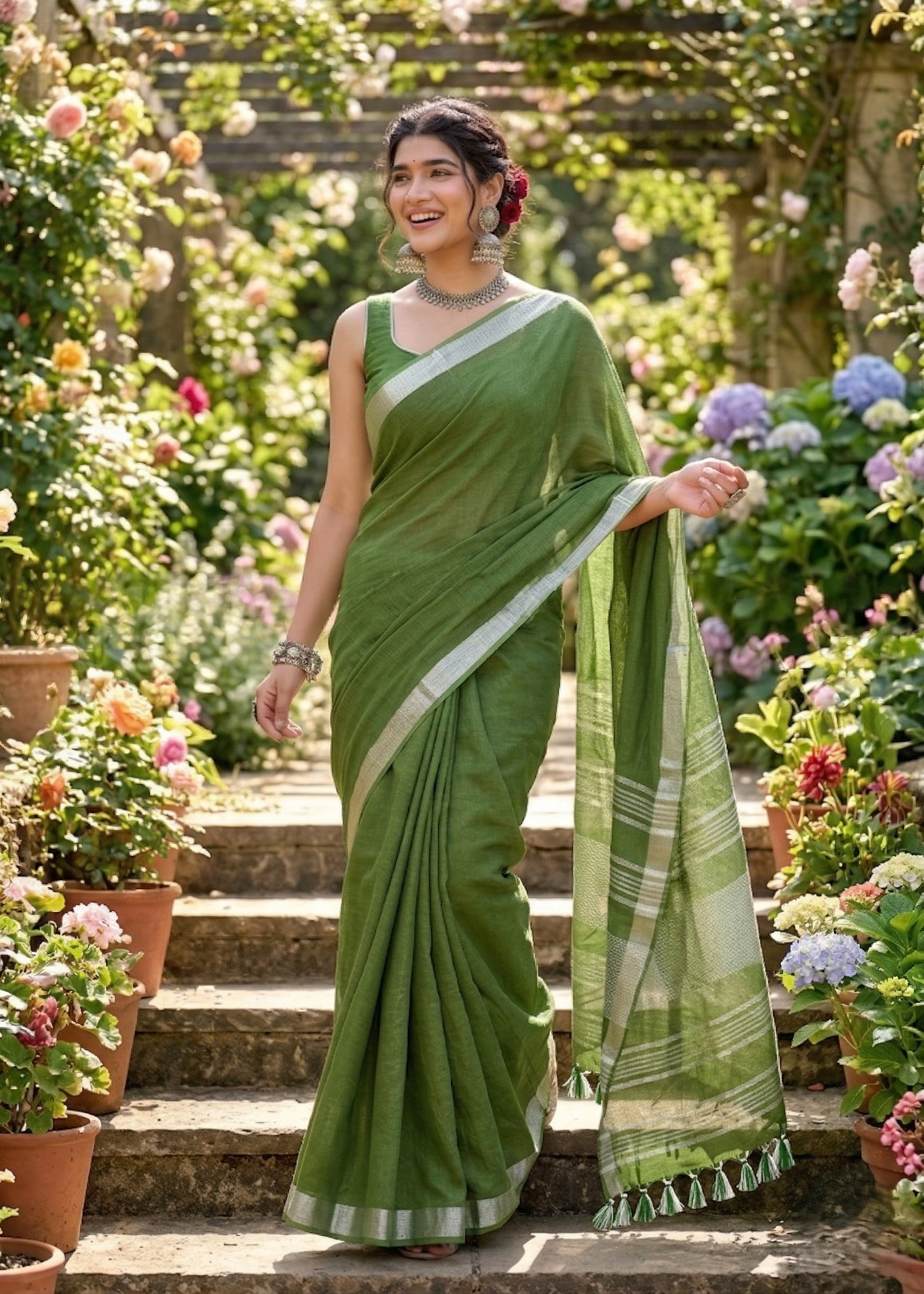 Mehandi Green Linen Saree With Silver Border & Green and white Tassels