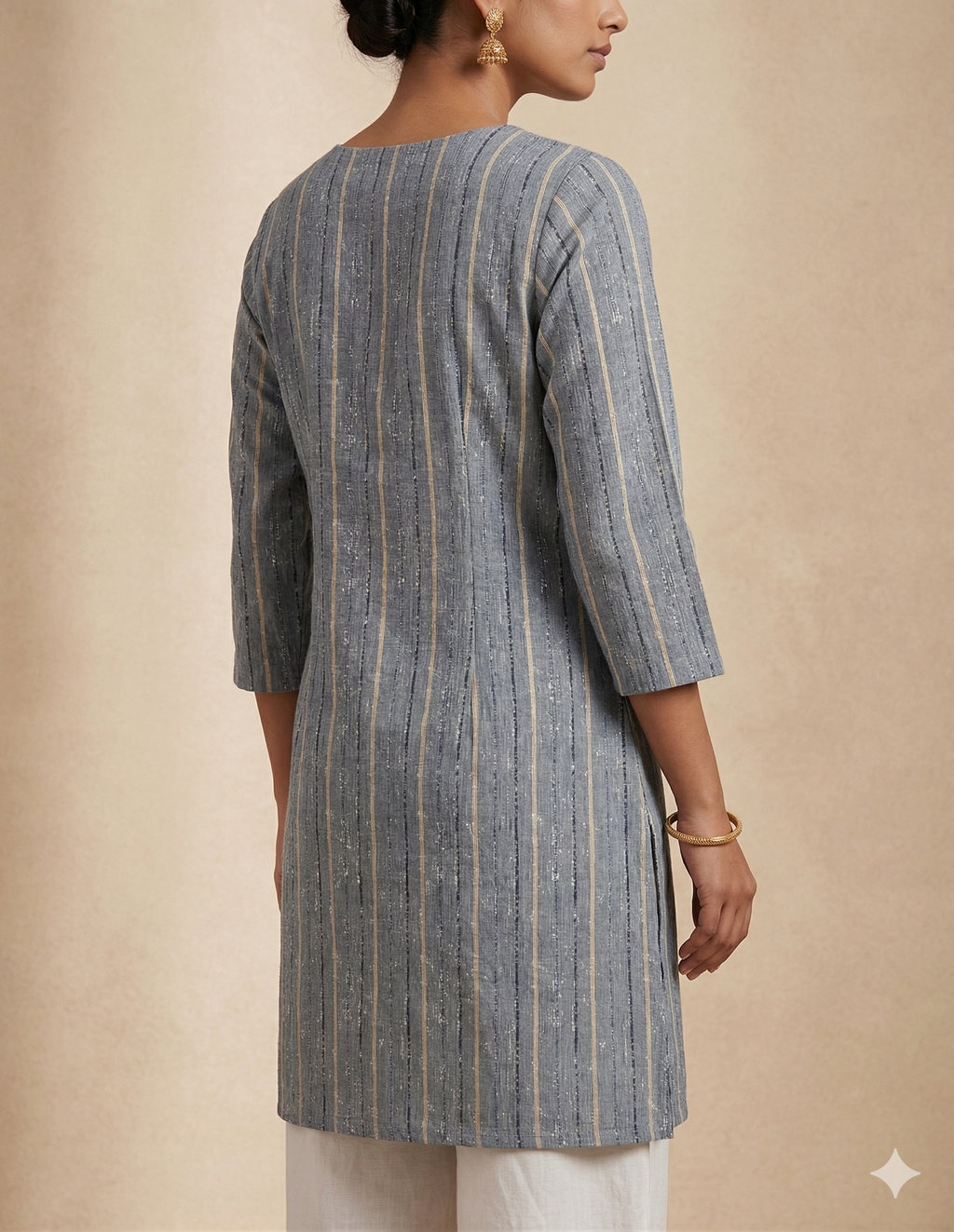 Grey & Black vertical Striped Cotton Short Kurti Top