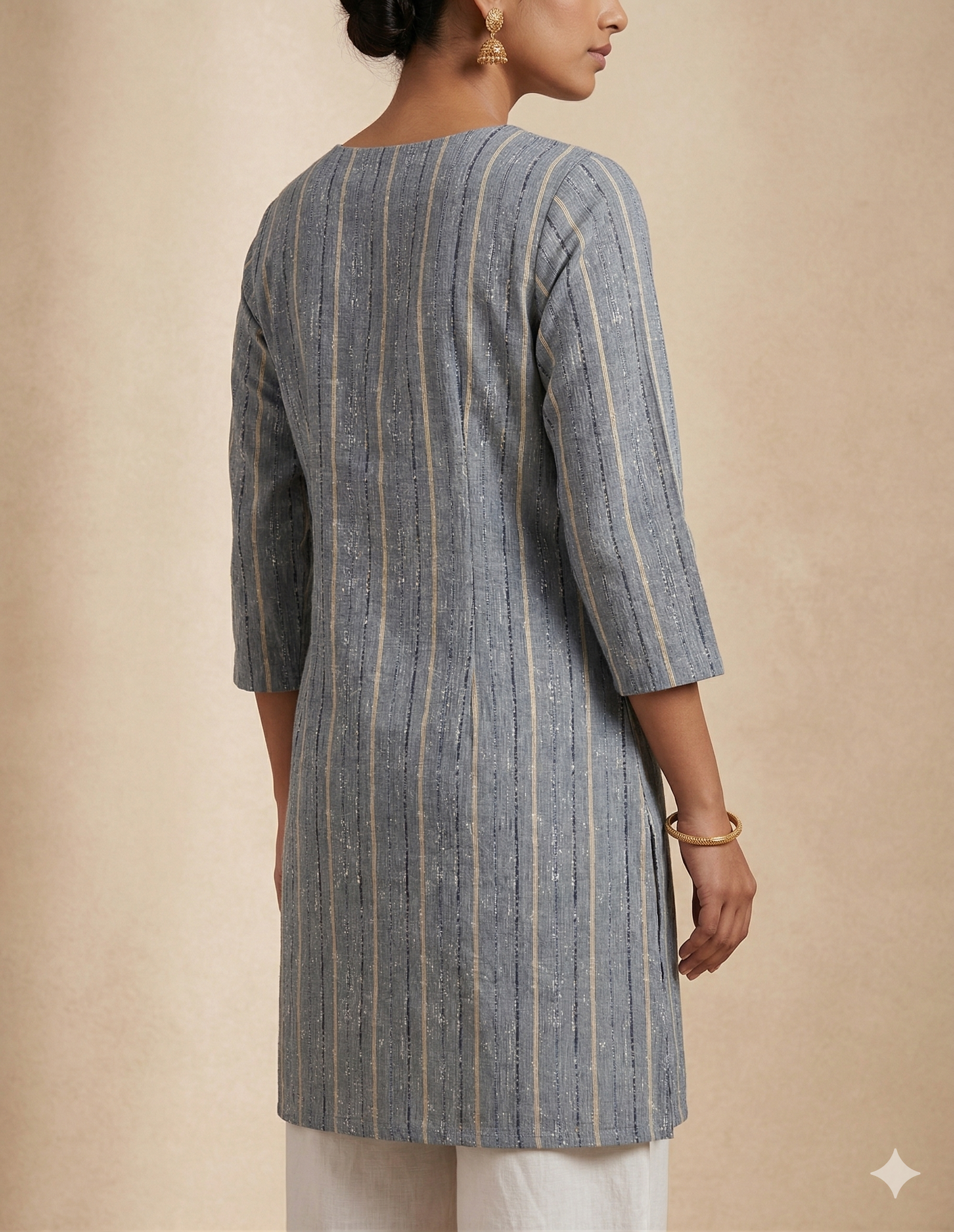 Grey & Black vertical Striped Cotton Short Kurti Top