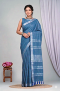 Blue Linen Saree With Silver Border & Blue and white Tassels