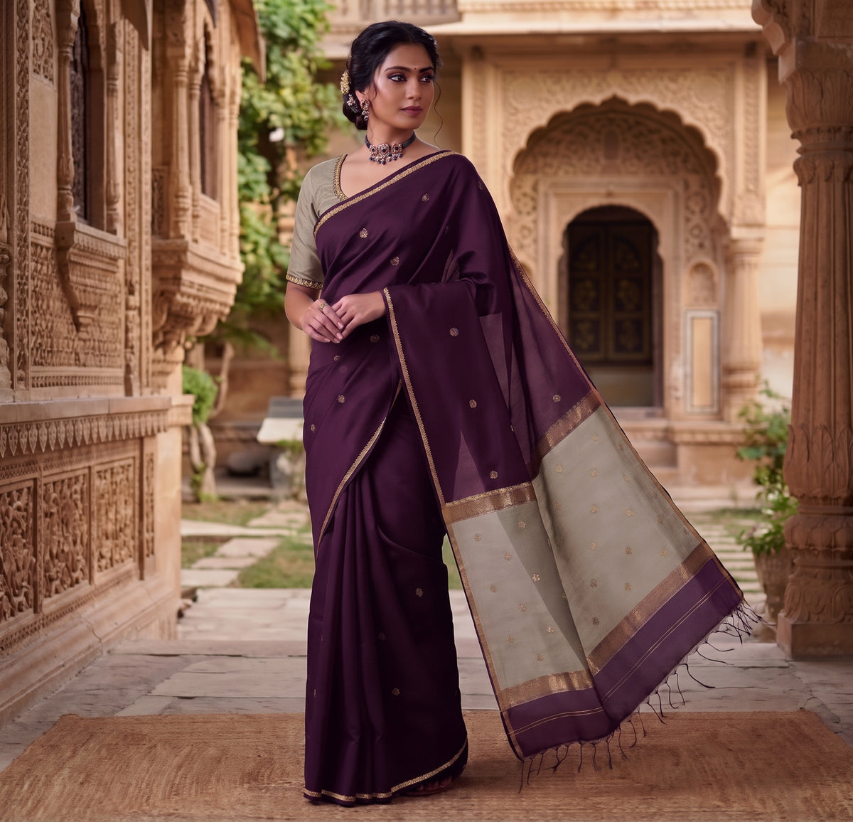 Maheswari Cotton Saree with Golden Butas & Contrast Pallu