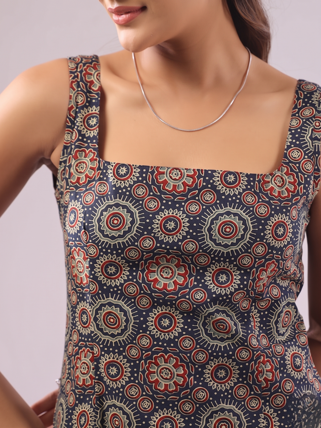 Ajrak Cotton Sleeveless Short Kurtis