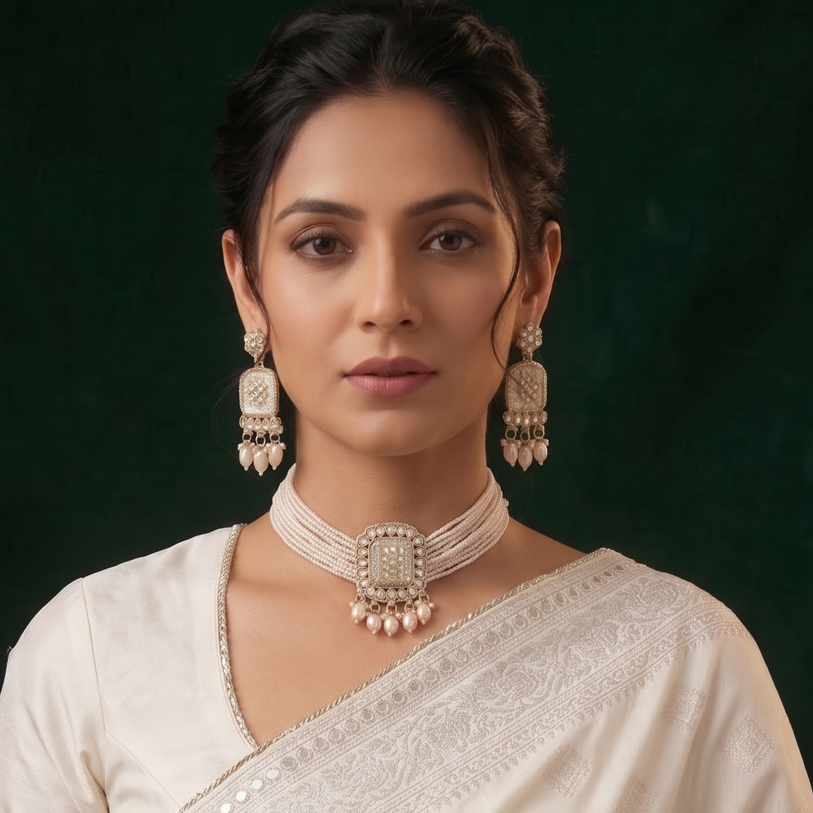 Pearl Layered Chocker Necklace Set with Matching Earrings for Women