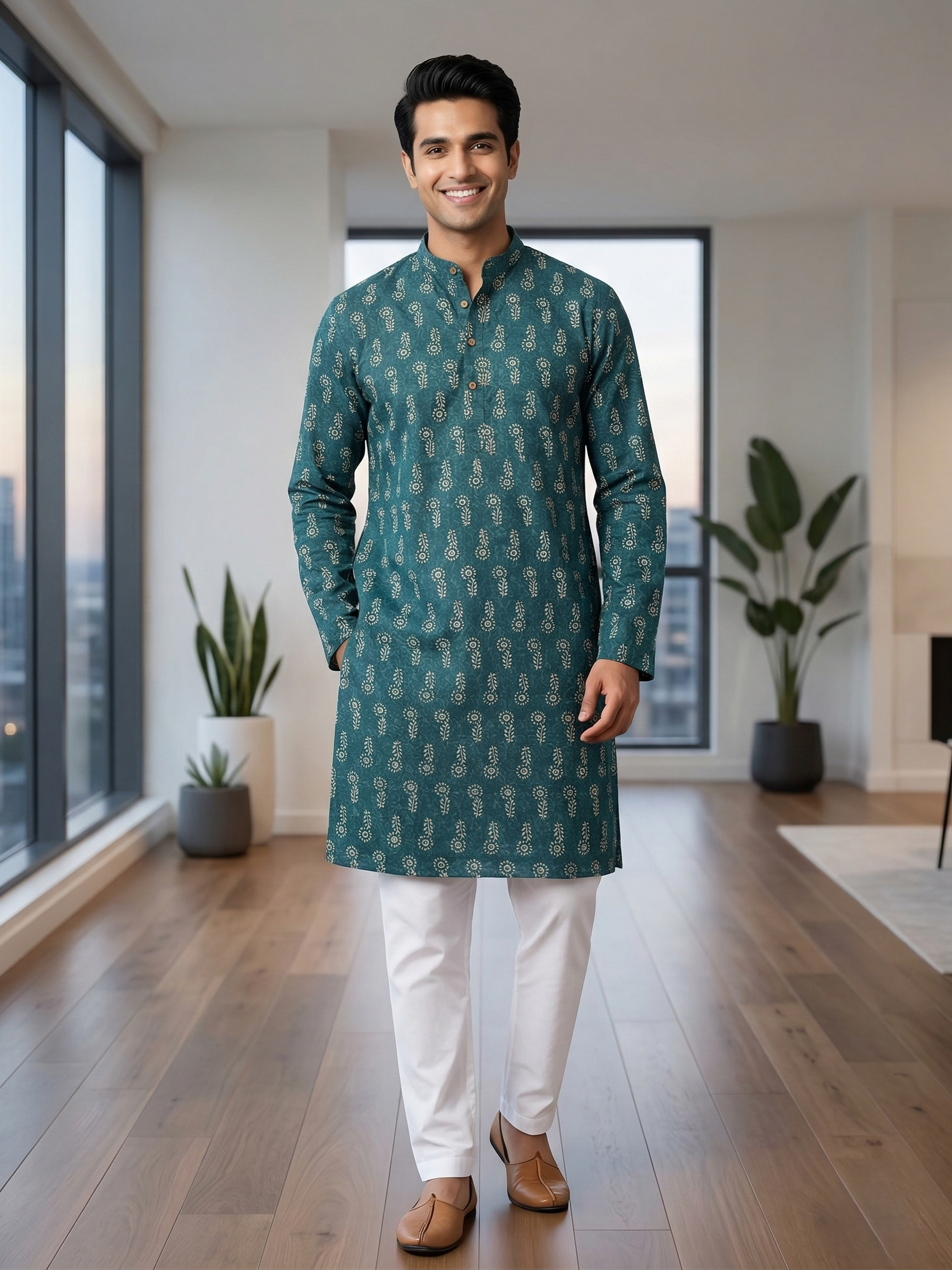 Printed Cotton Men's Kurta Top (Top Only)