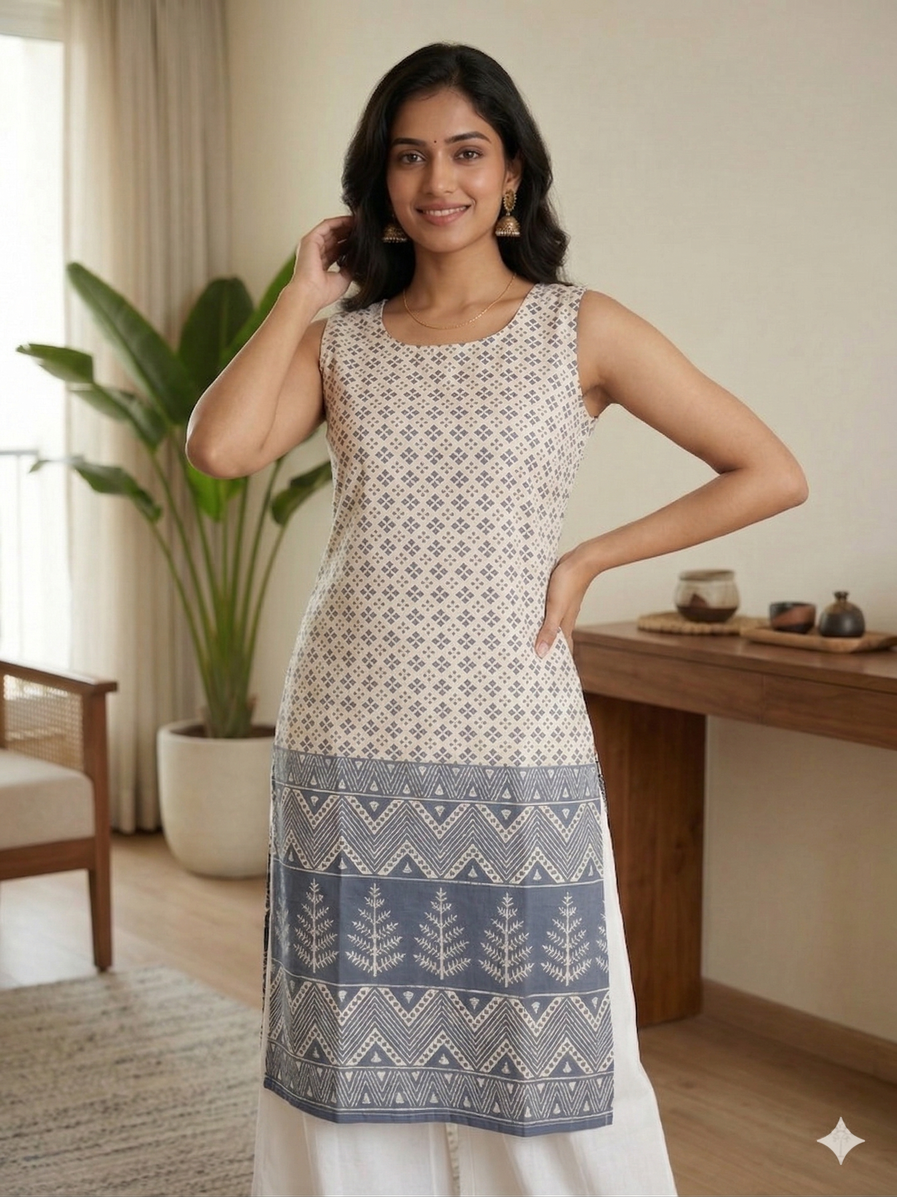 Whit Grey Soft cotton Printed Sleeveless Medium lenth Kurti Top ( Top Only)