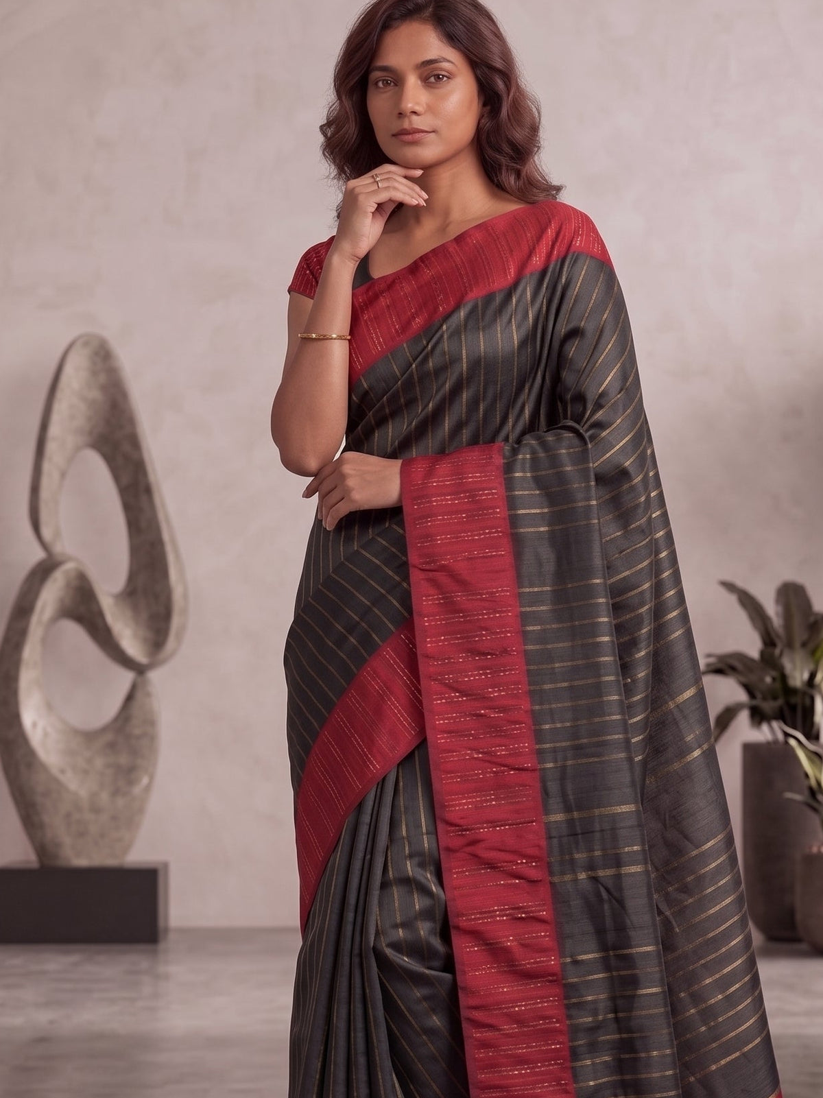 Striped Two toned Solid Semi Silk Saree With Contrast Border