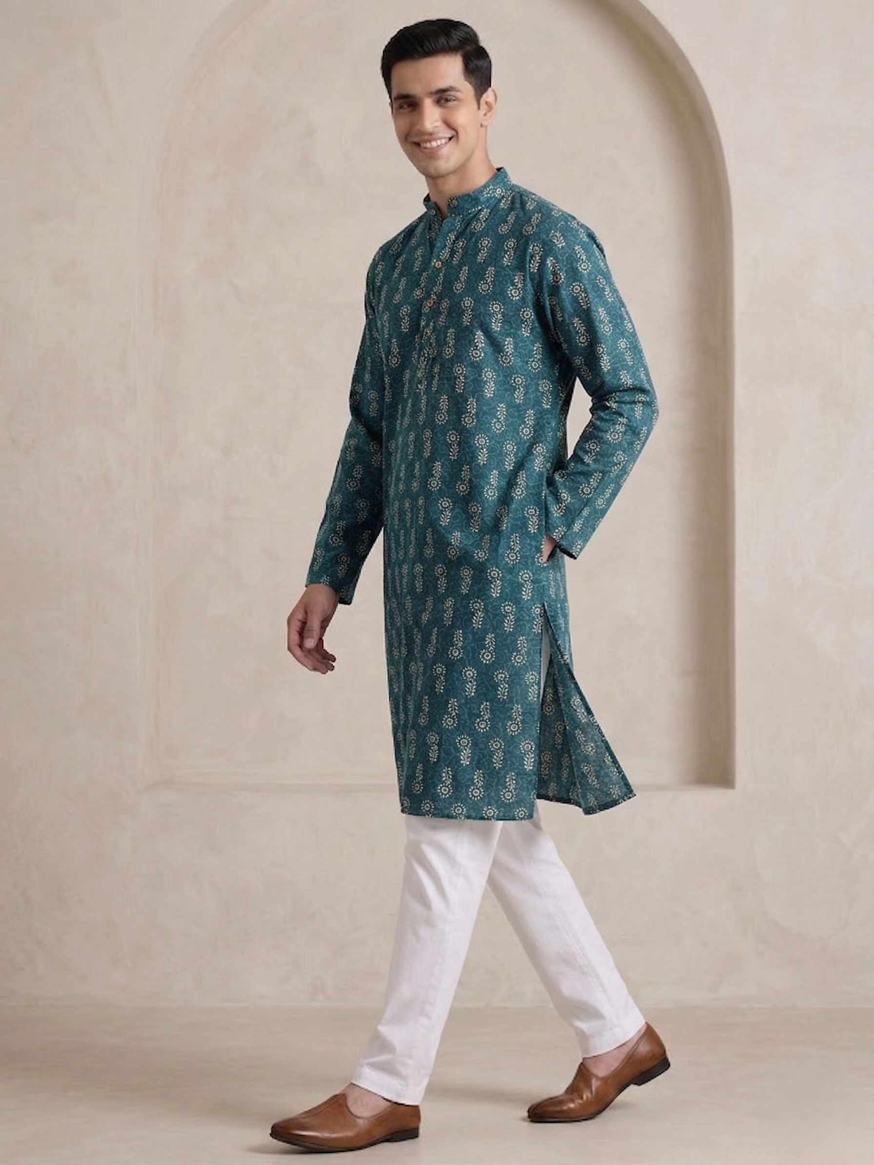 Printed Cotton Men's Kurta Top (Top Only)