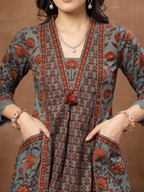 Teal Printed Sequins Embroidered Pure Cotton 3Pcs Kurti Set