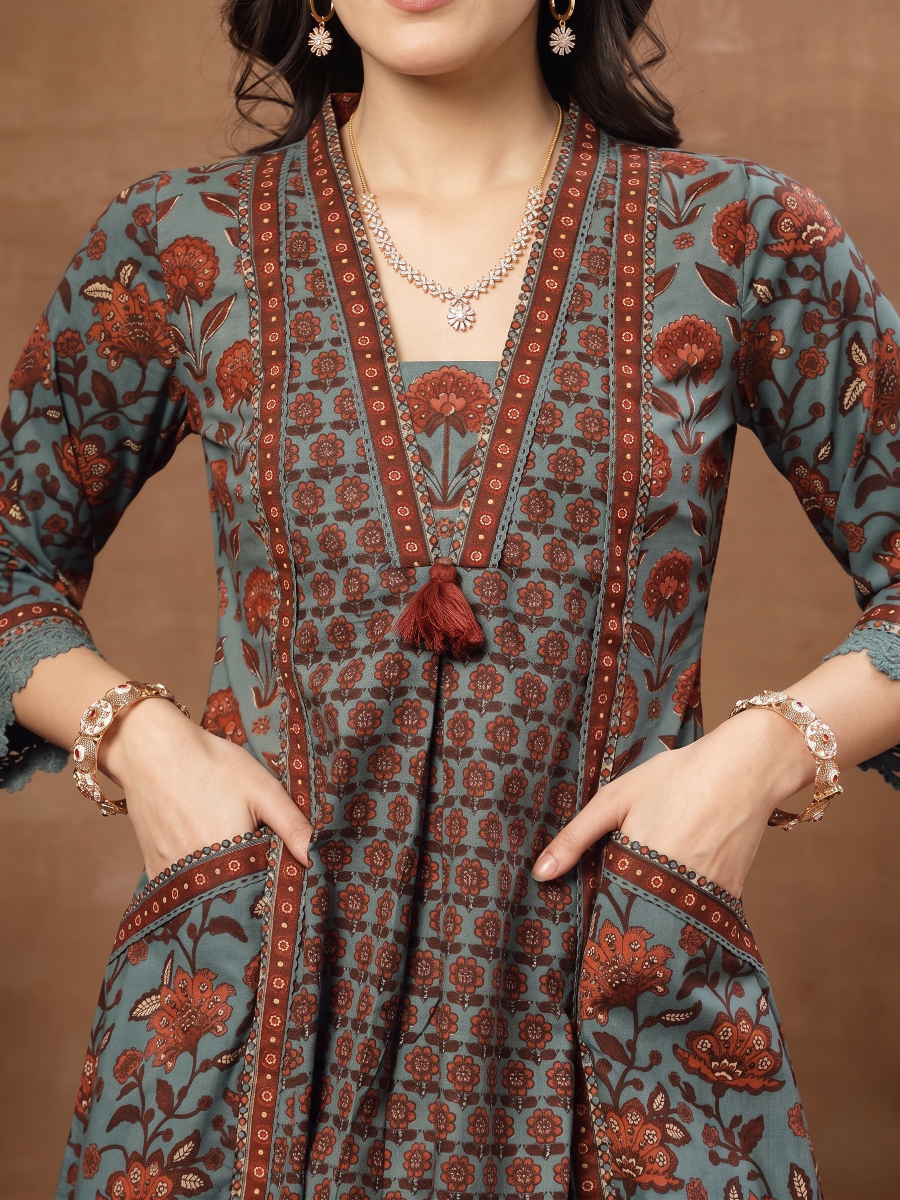 Teal Printed Sequins Embroidered Pure Cotton 3Pcs Kurti Set