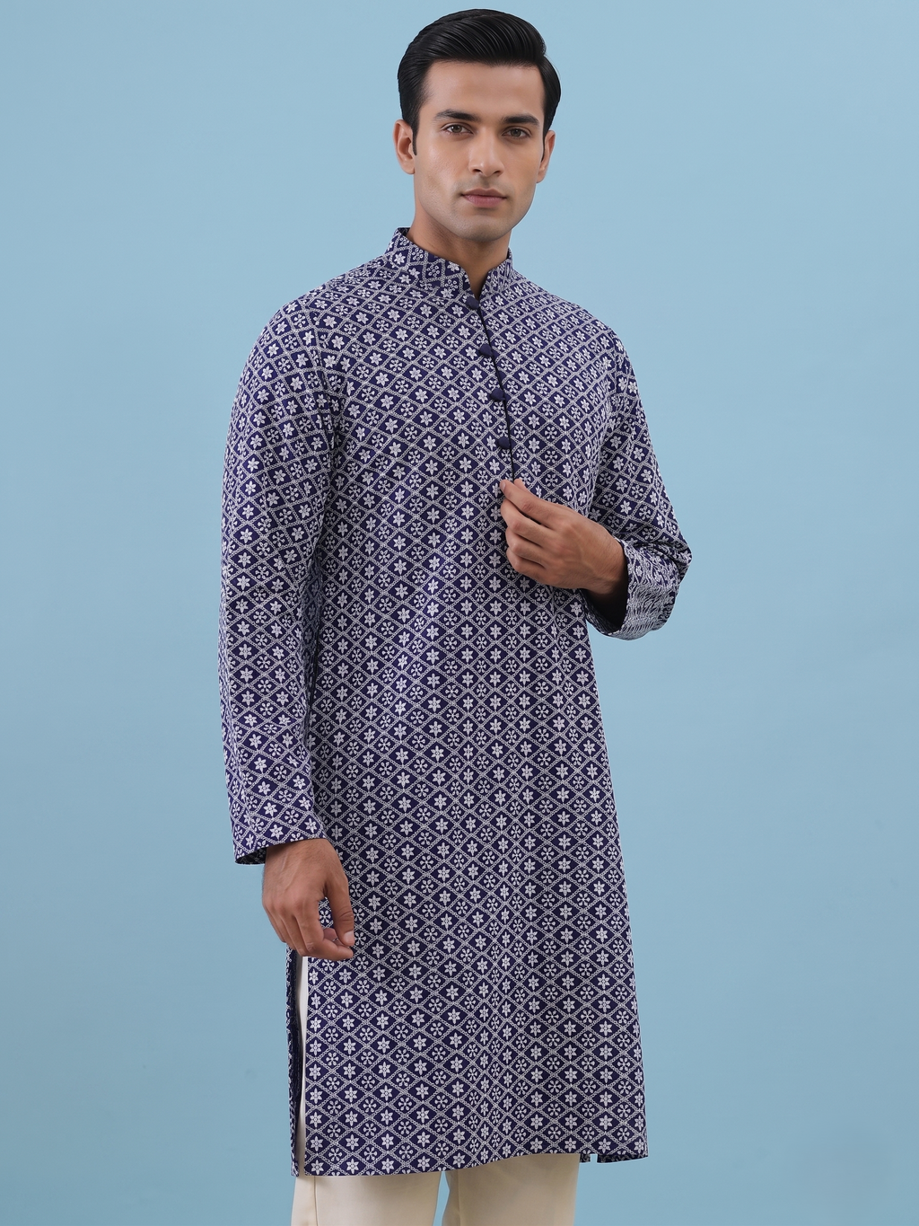 Blue White Embroidered Cotton kurta for Men (Top Only)