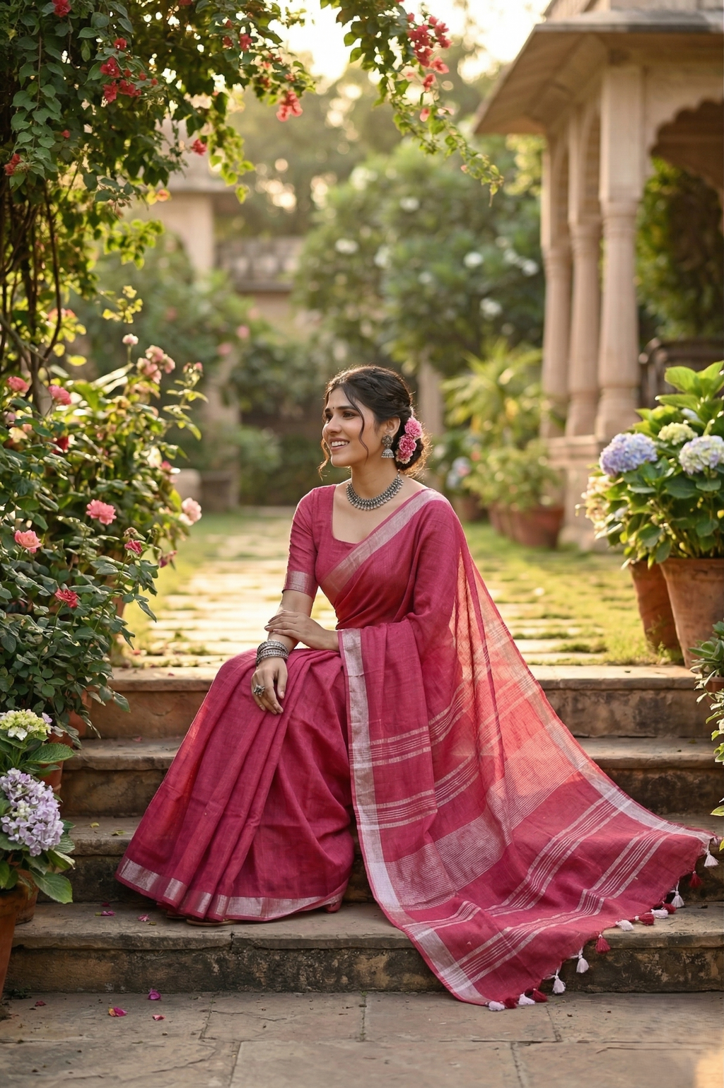 Pink Linen Saree With Silver Border & Pink and white Tassels