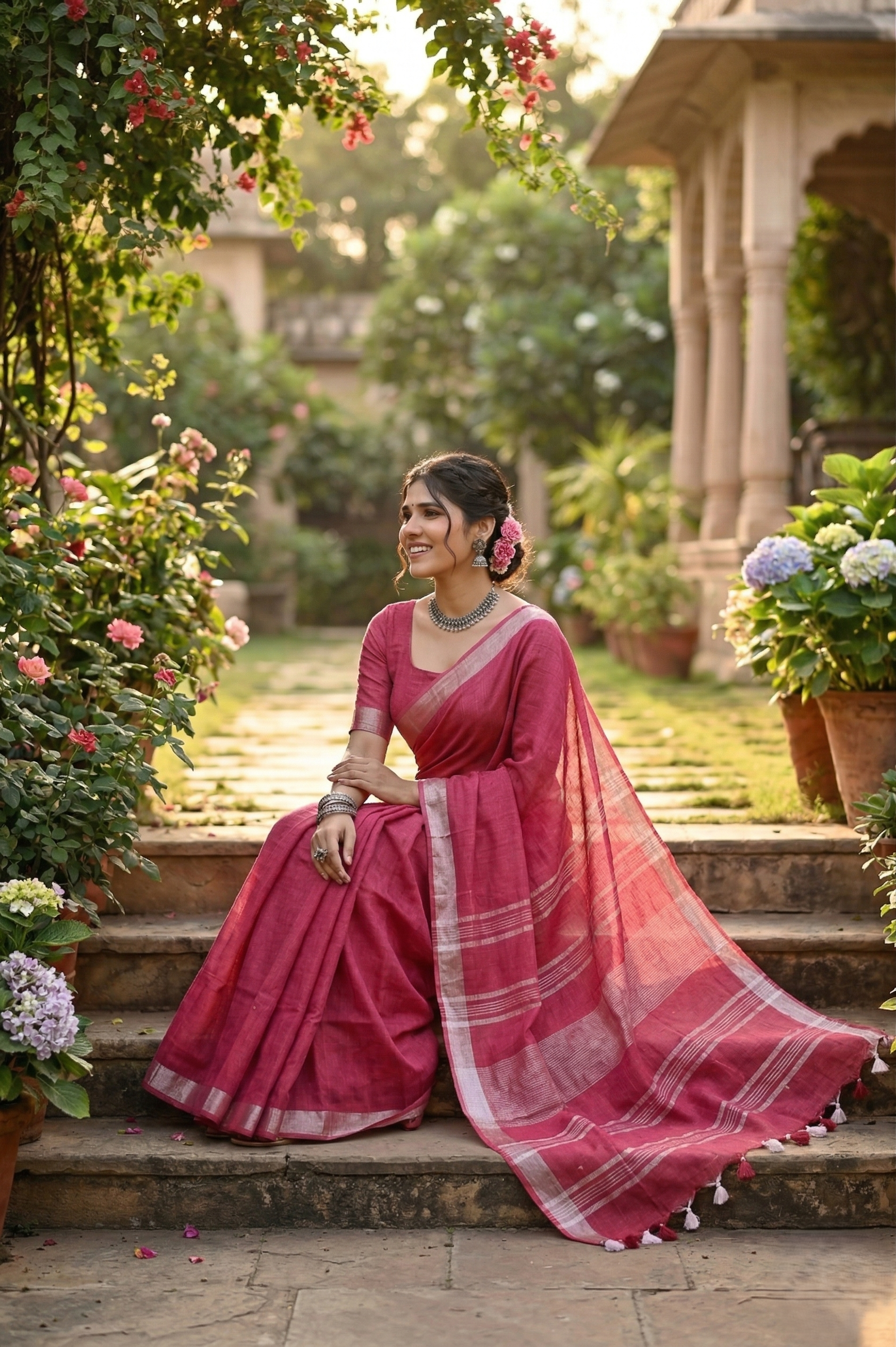 Pink Linen Saree With Silver Border & Pink and white Tassels