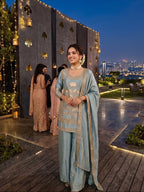 Emdroidered Chinon Silk Short Kurti With Flared Palazzo and Dupatta
