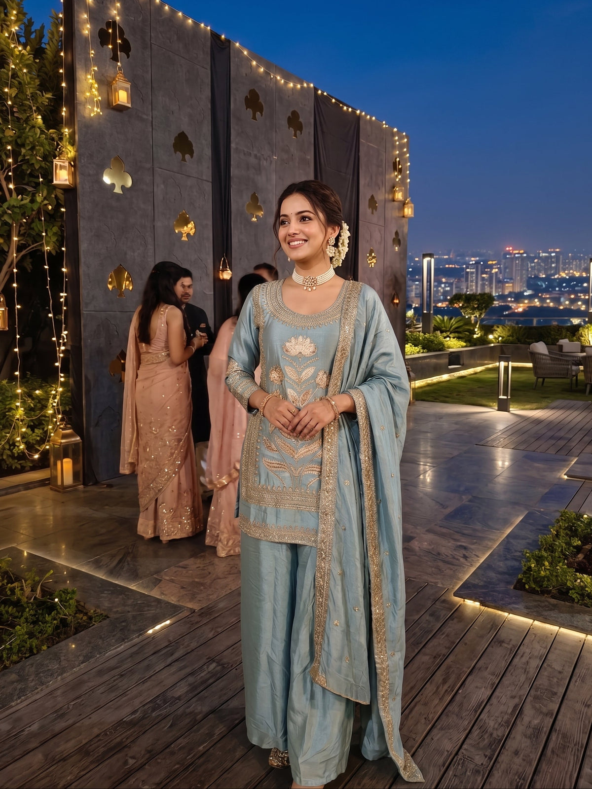 Emdroidered Chinon Silk Short Kurti With Flared Palazzo and Dupatta