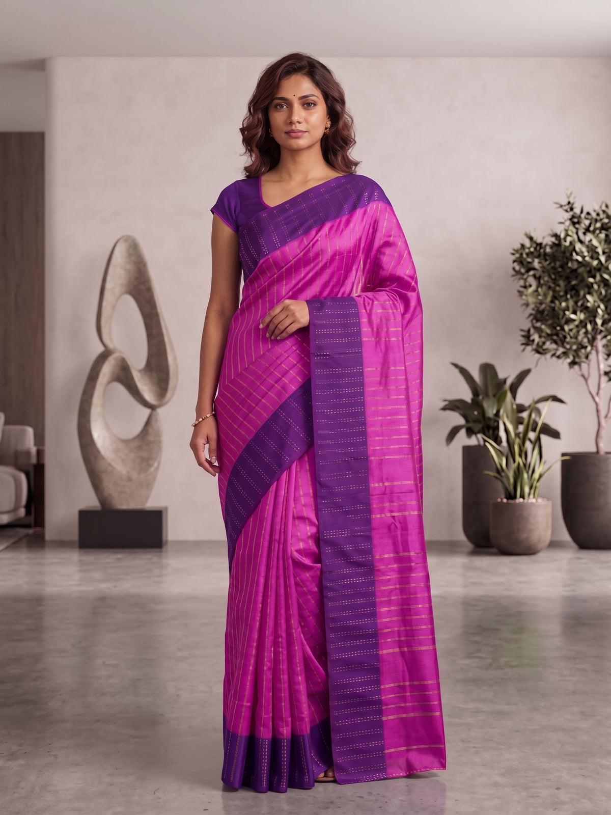 Striped Two toned Solid Semi Silk Saree With Contrast Border