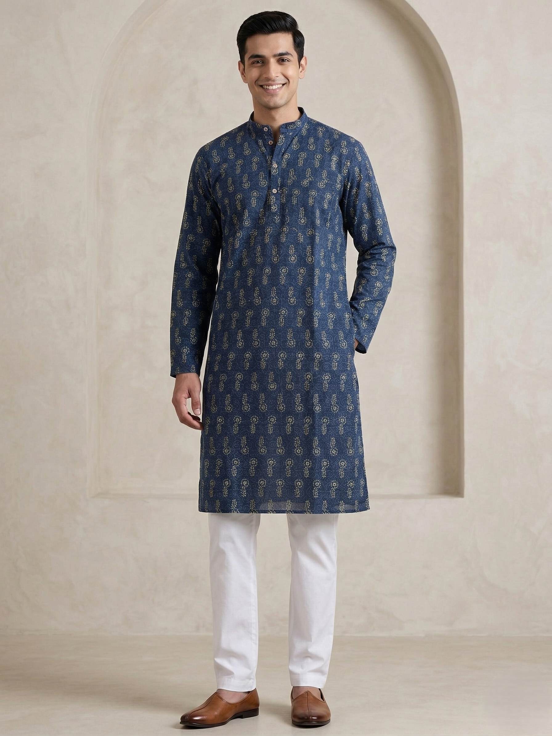 Printed Cotton Men's Kurta Top (Top Only)
