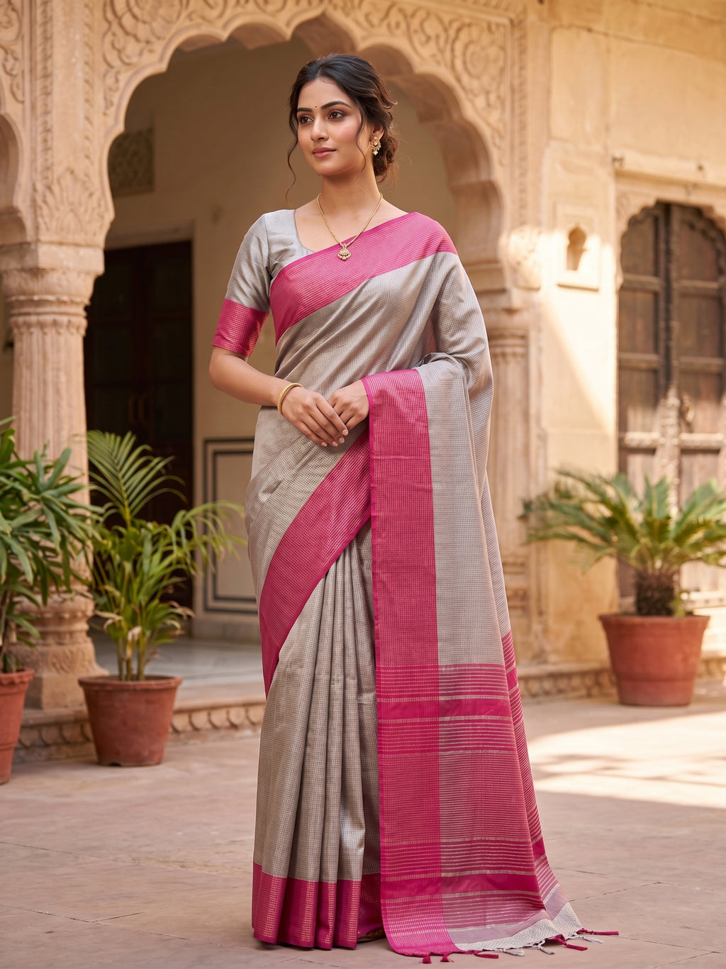Micro Checkered Two Toned Soft Silk Sree With Contrast Border