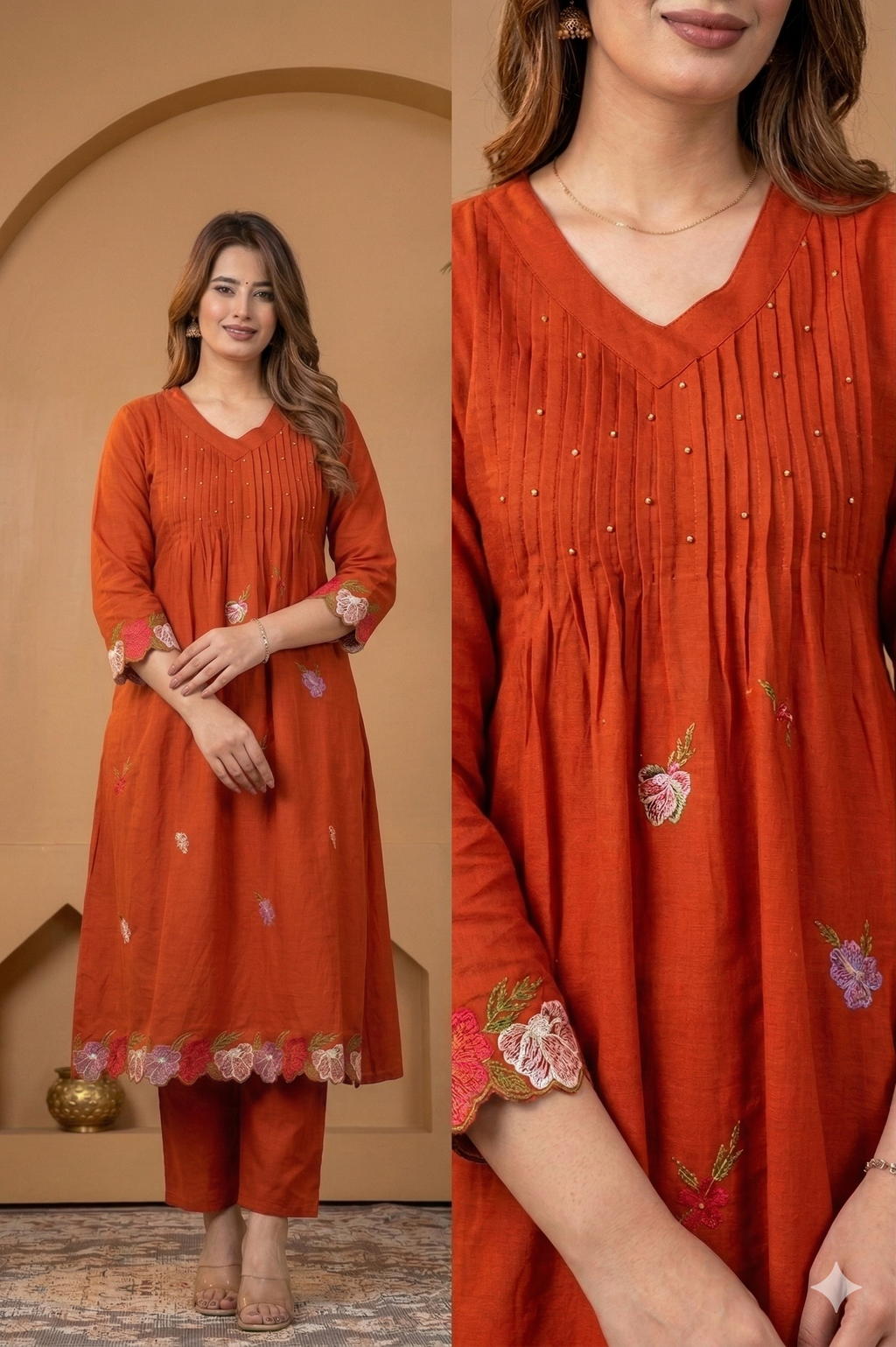 Rust Sequins & Embroidered Pure Cotton 3Pcs Kurti Set