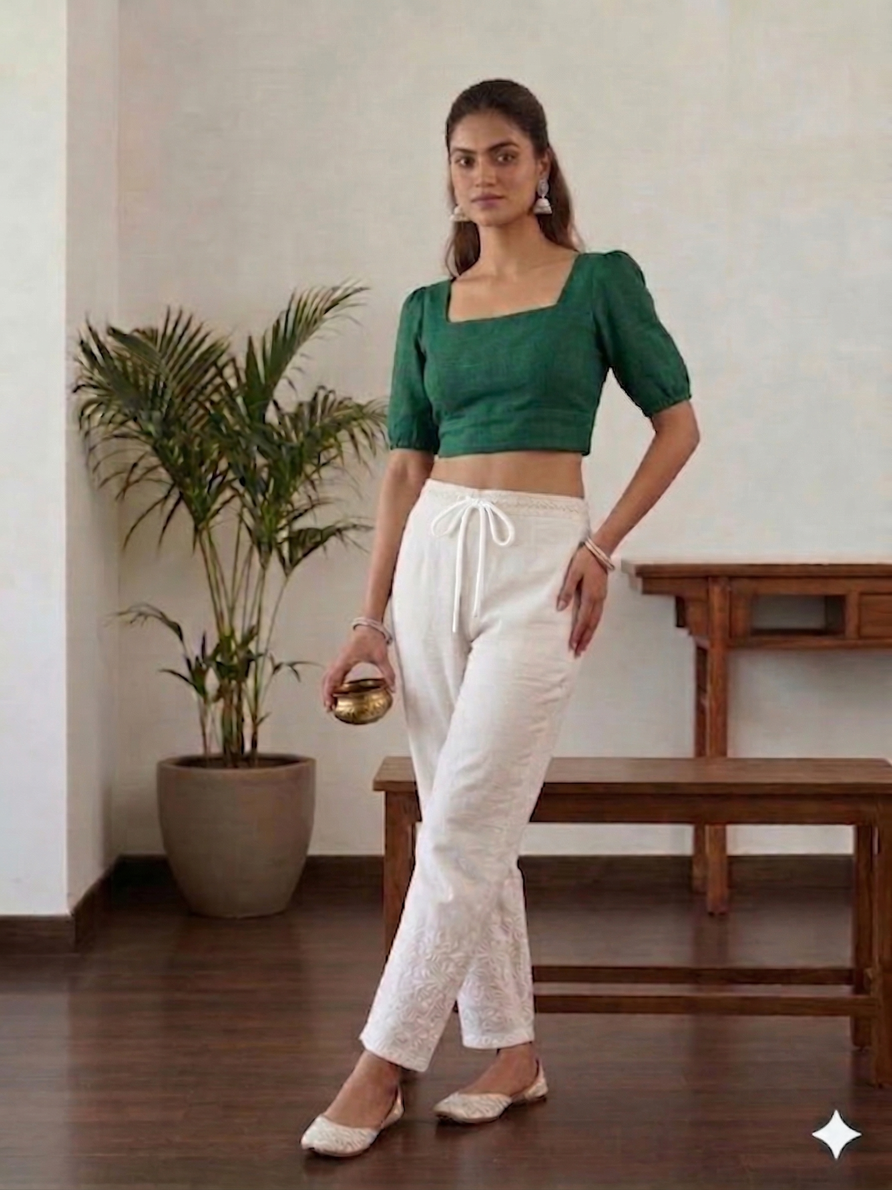 White Cotton Straight Streatchable  Pants With Embroidery Border