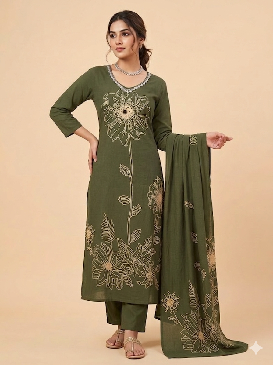 Printed Embroidered Cotton Kurti  Pants Set with Dupatta