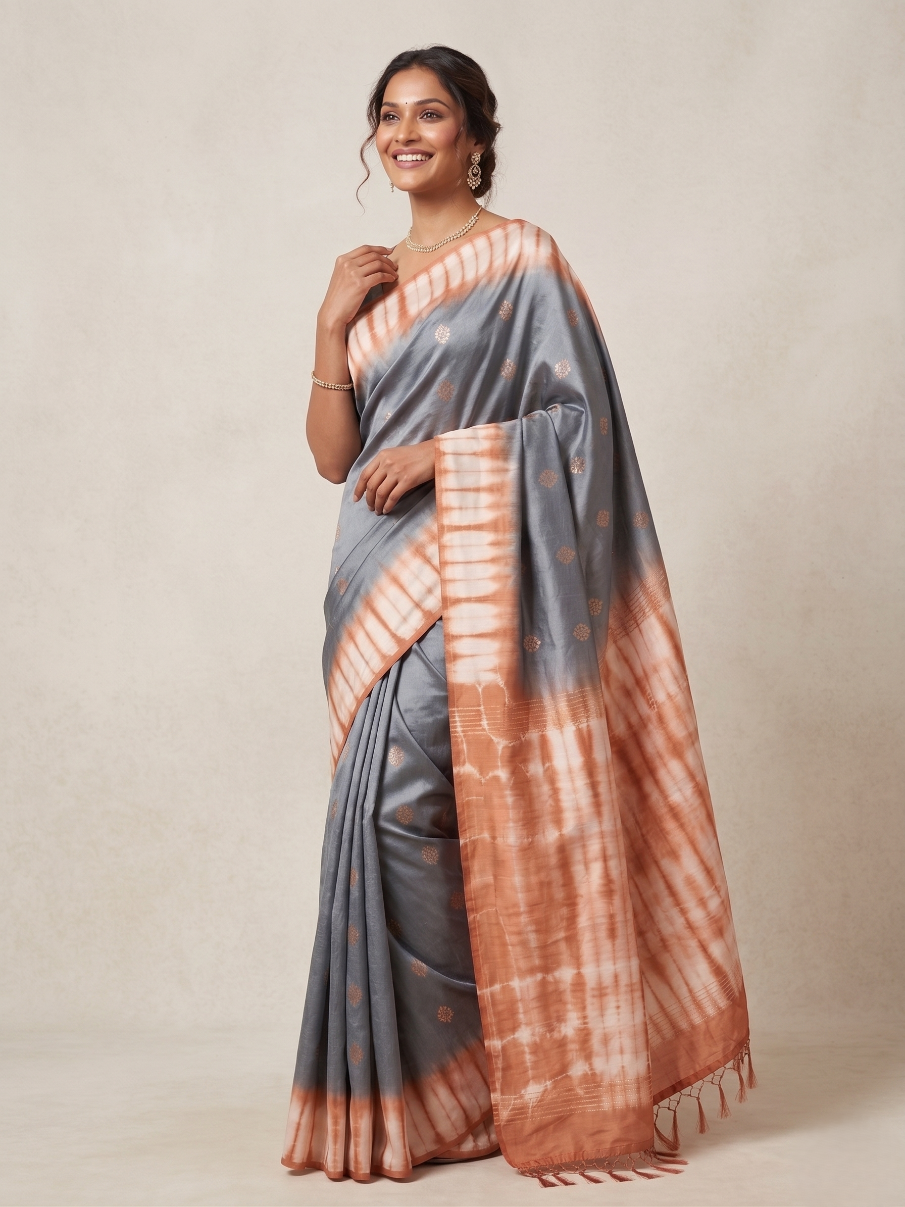 Grey& Rust Bhagalpuri Silk Handloom Saree with copper Zari Butta