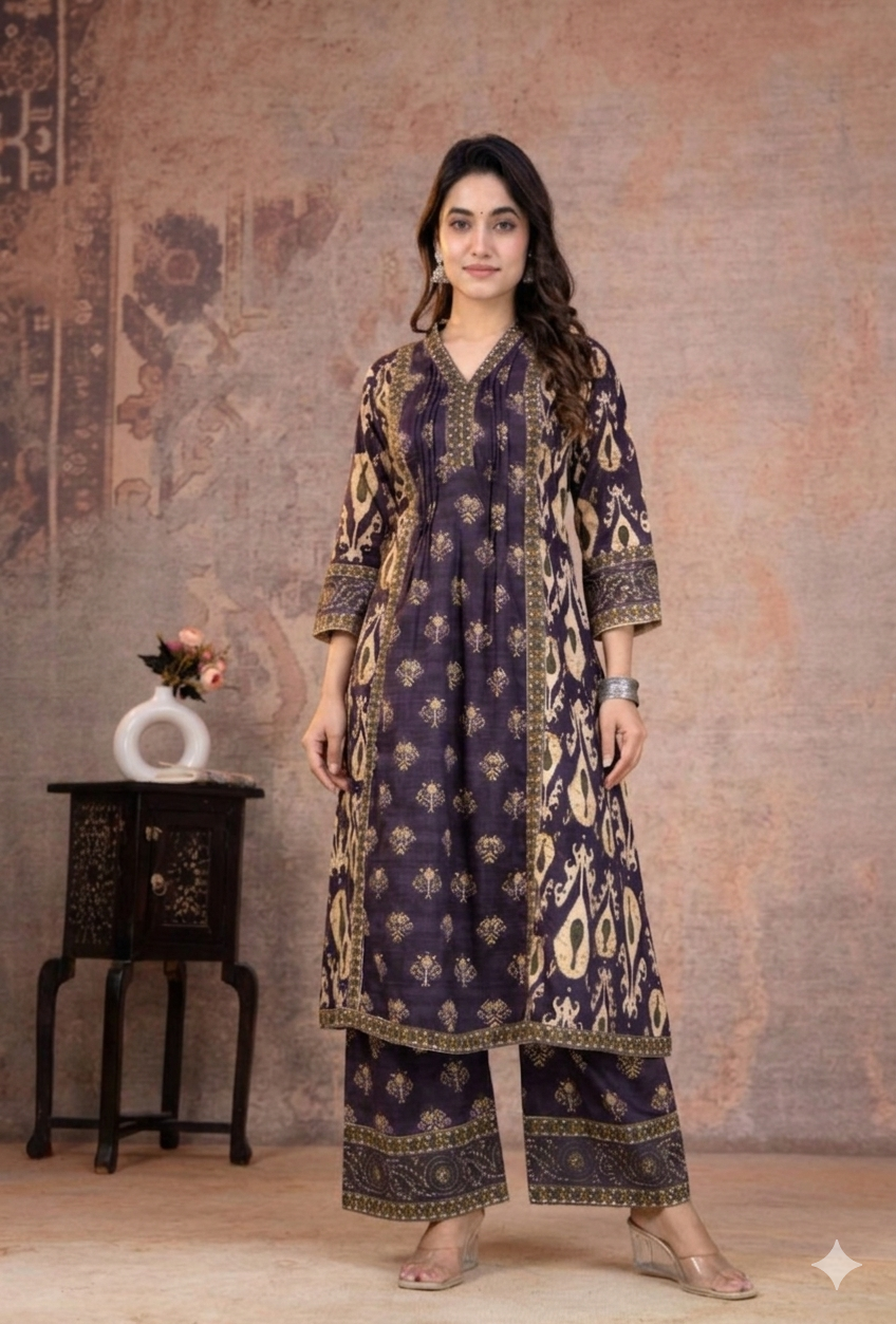 Purple Printed Sequins Embroidered Pure Cotton 3Pcs Kurti Set