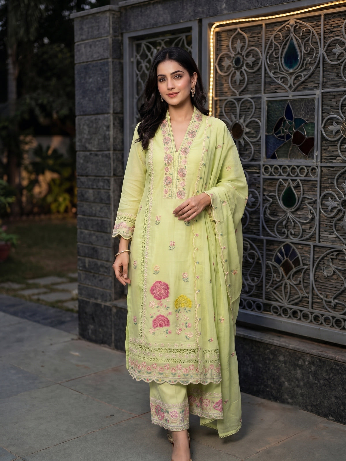 Heavy Embroidered Mul Cotton Kurti With Palazzo and Dupatta
