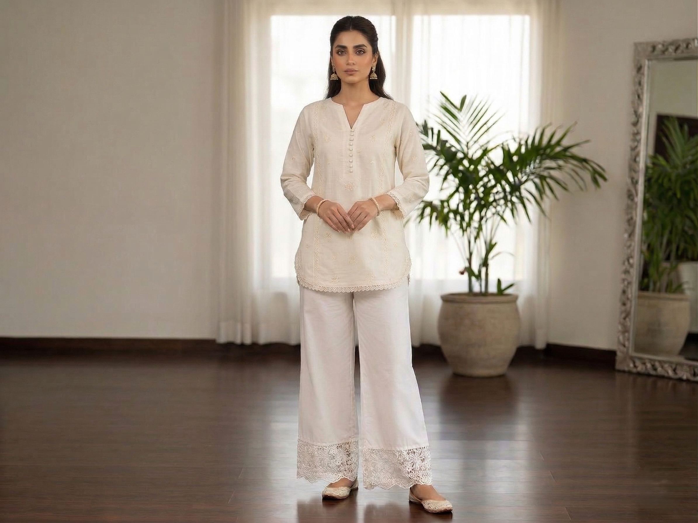 White Cotton Straight Palazzo Pants With Lace Border