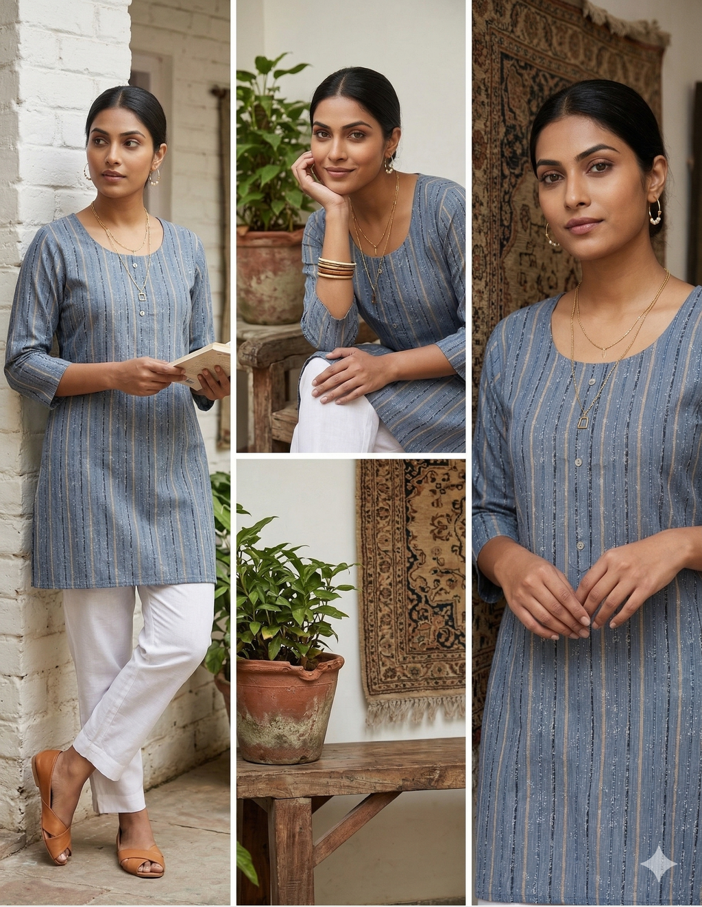 Grey & Black vertical Striped Cotton Short Kurti Top