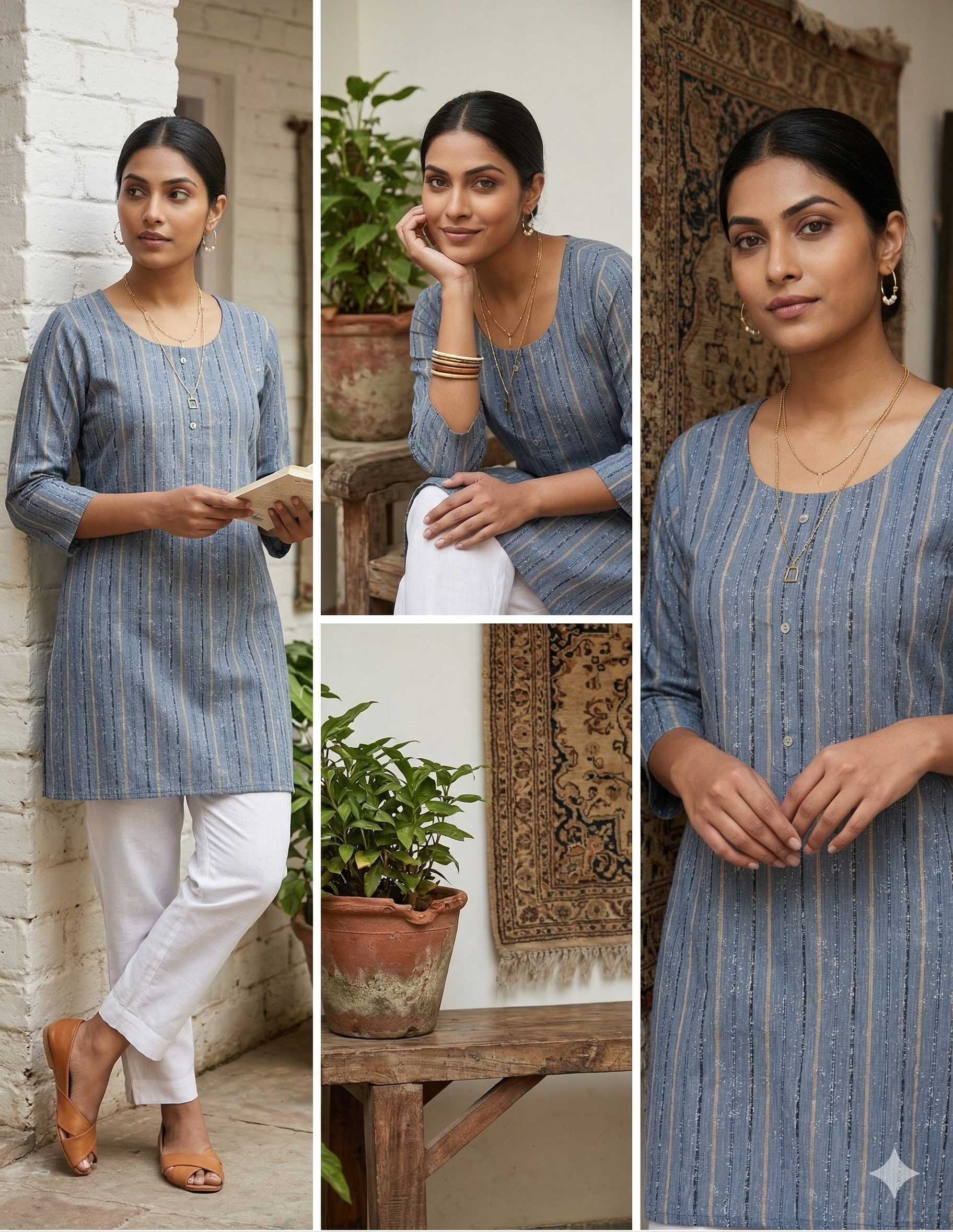 Grey & Black vertical Striped Cotton Short Kurti Top