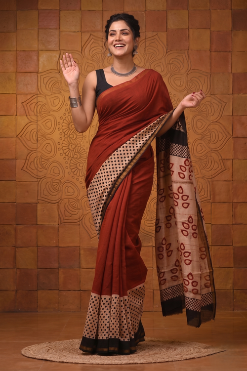 Bagru Printed Maroon Pure Chanderi Silk Saree