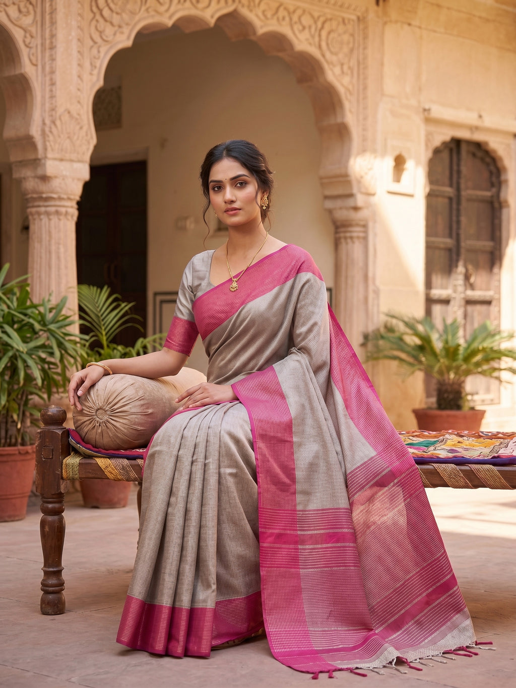 Micro Checkered Two Toned Soft Silk Sree With Contrast Border