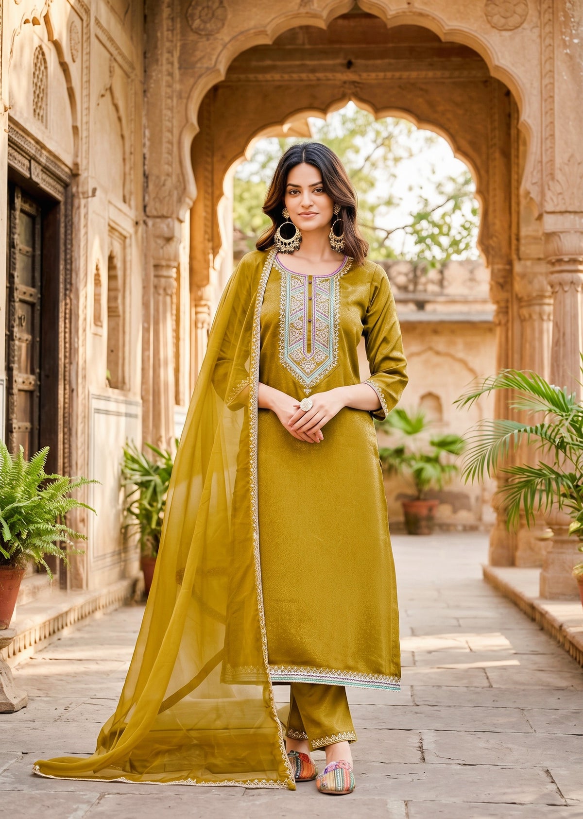 Solid Zari embroidered silk kurti set