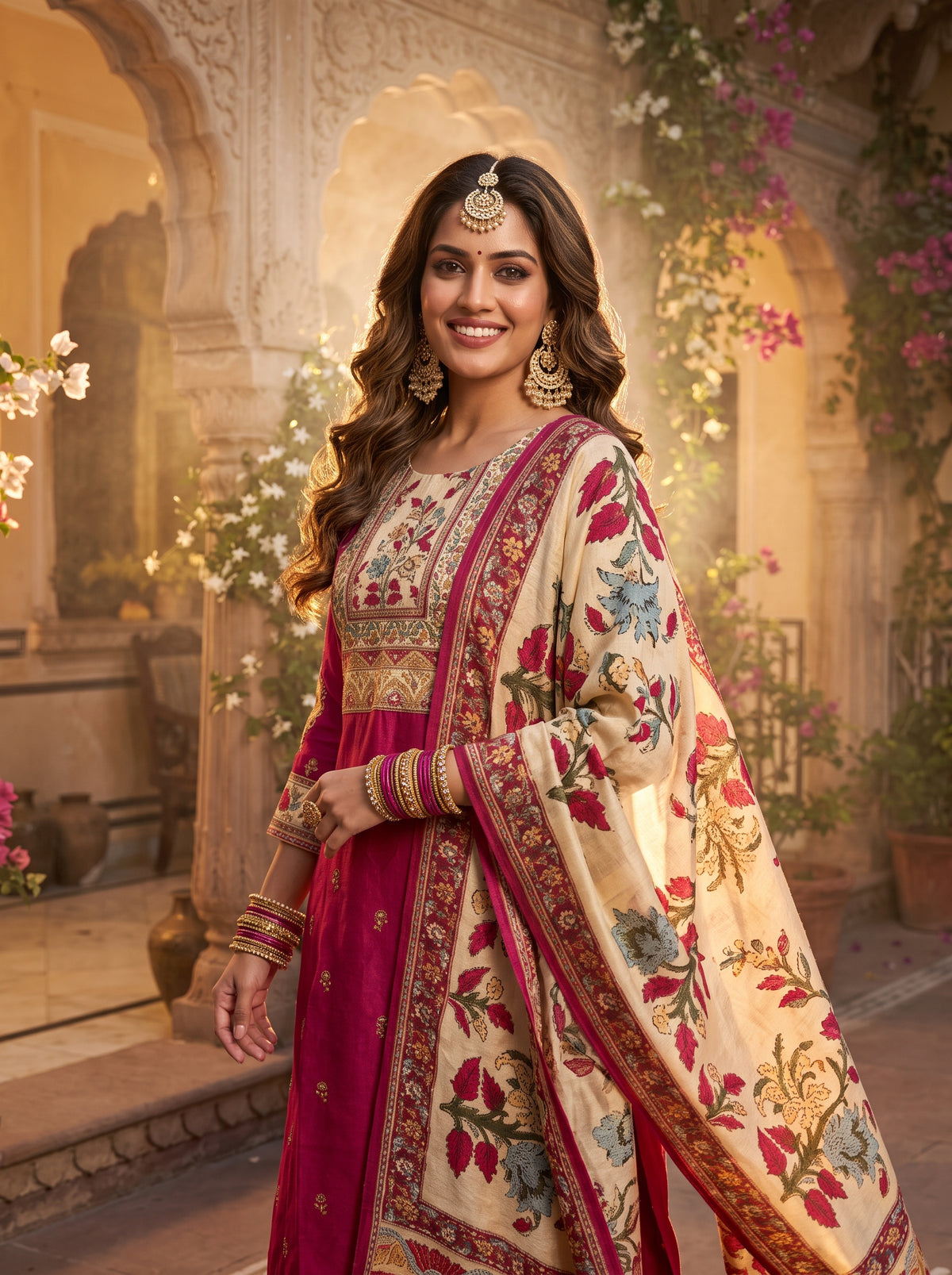 Rani Pink Printed Embroidered Butter Muslin Kurti Set with Dupatta