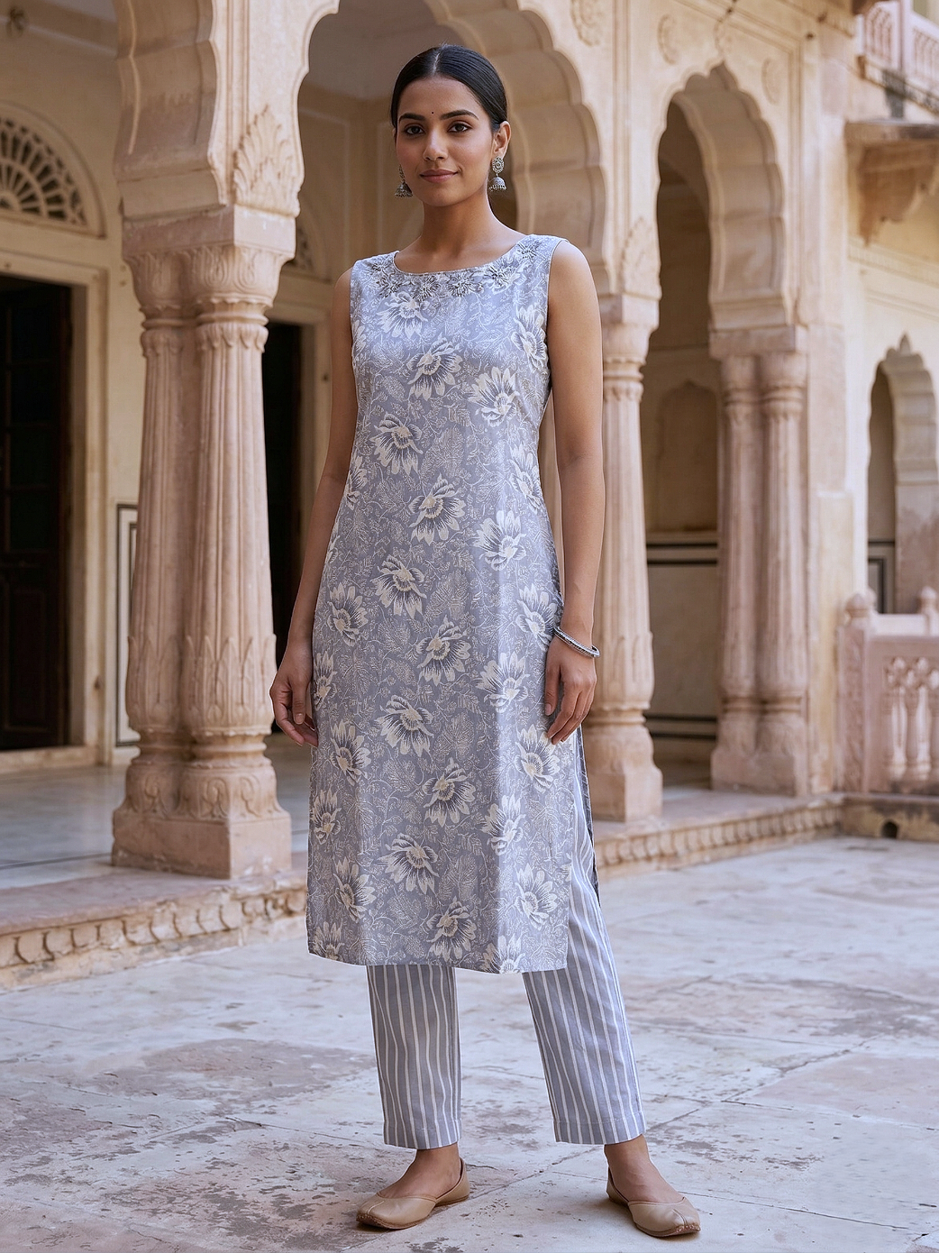 Bluish grey Embroidered Cotton Kurti Palazzo Set