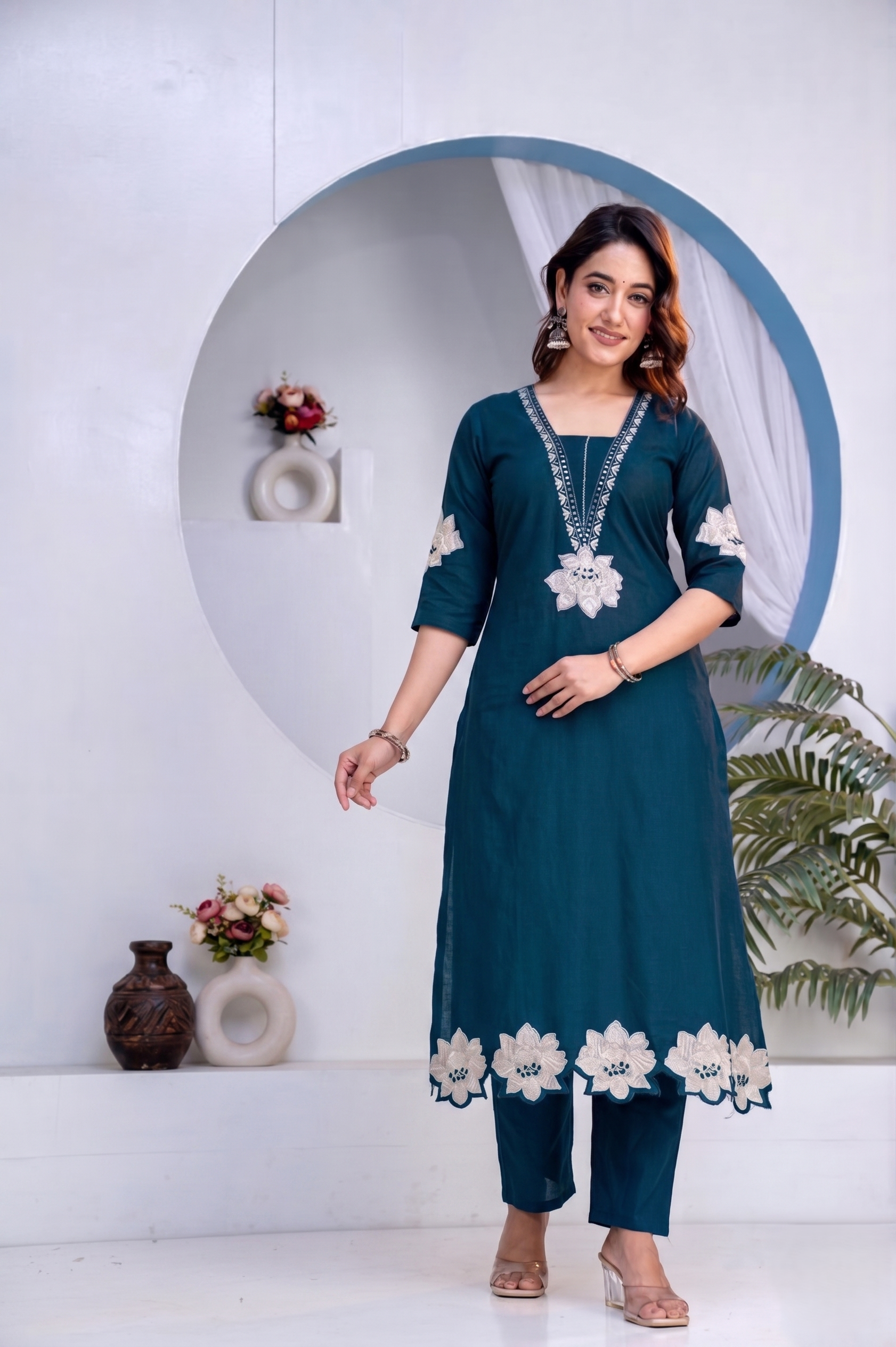 Teal Mirror & Embroidered Pure Cotton 3Pcs Kurti Set