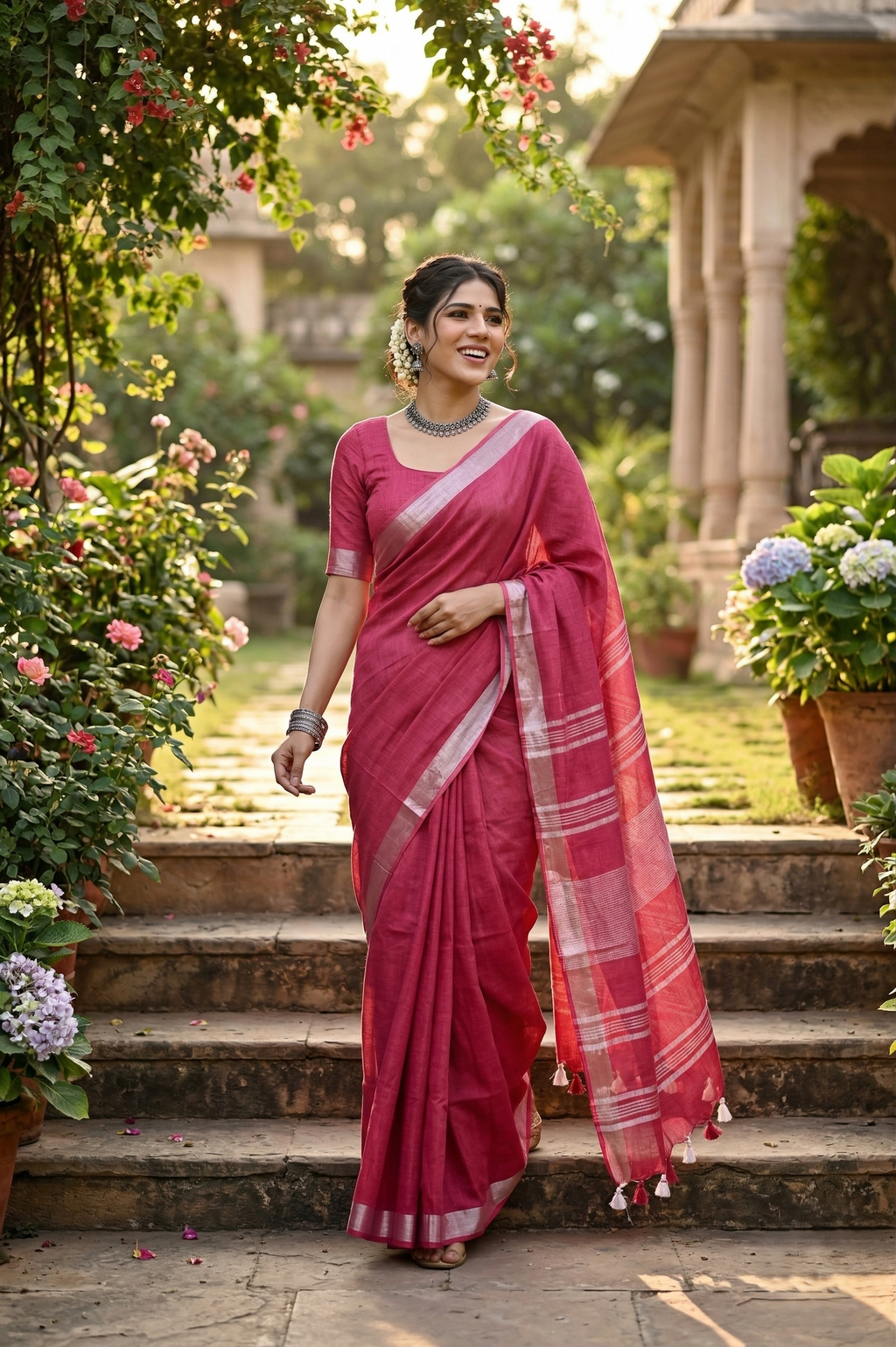 Pink Linen Saree With Silver Border & Pink and white Tassels