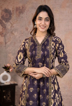 Purple Printed Sequins Embroidered Pure Cotton 3Pcs Kurti Set