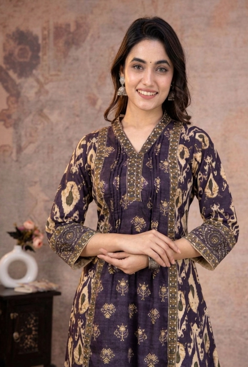 Purple Printed Sequins Embroidered Pure Cotton 3Pcs Kurti Set