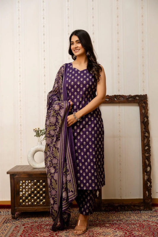 Purple Printed Pure Cotton Kurti Set