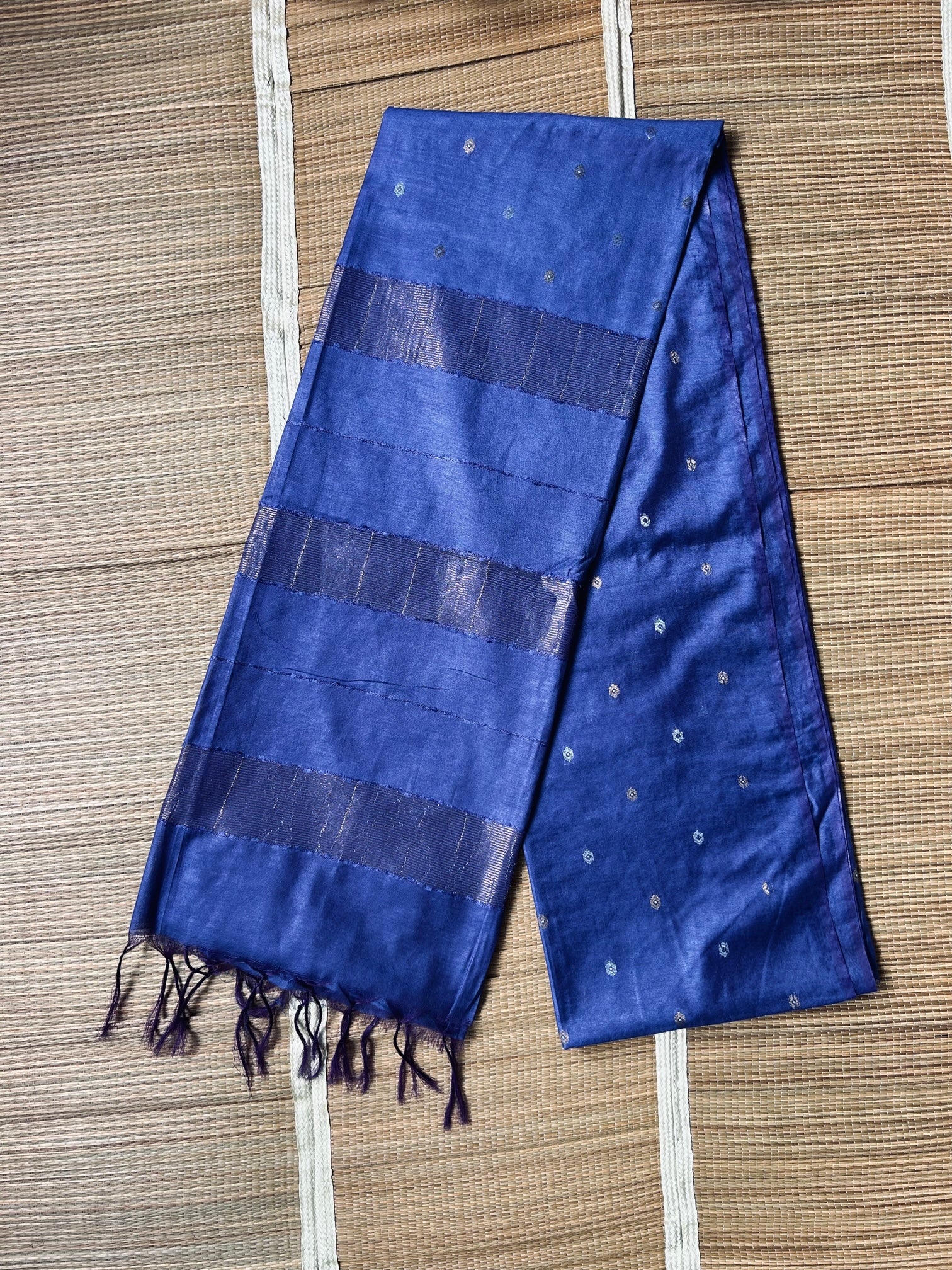 Tusser Mulberry Silk Handloom Saree with Silver & Gold  Zari weave