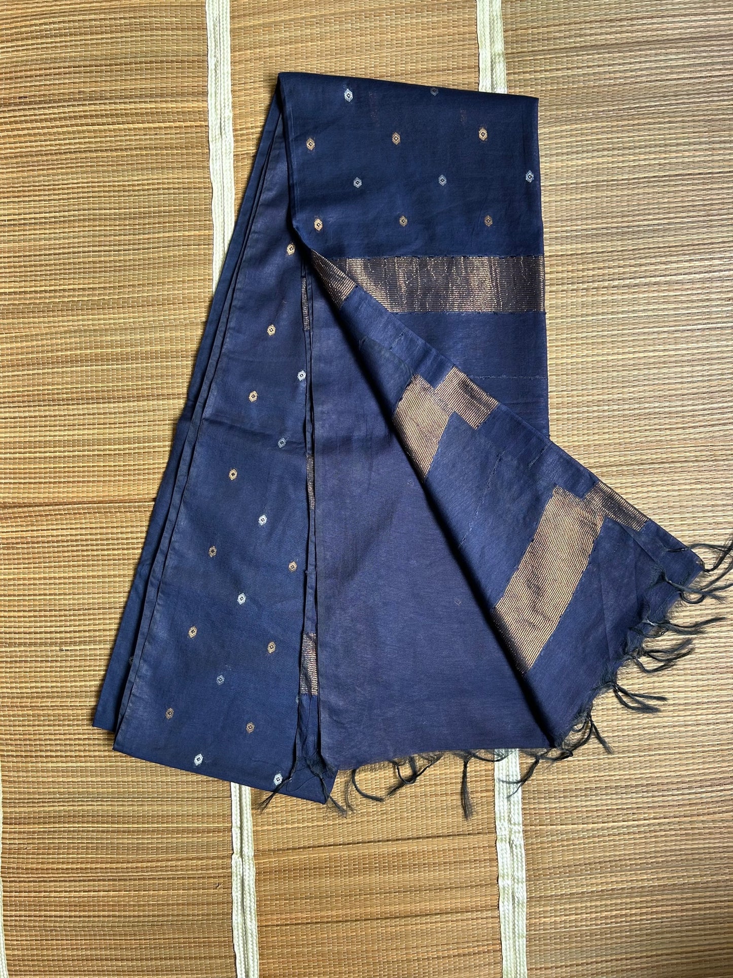 Tusser Mulberry Silk Handloom Saree with Silver & Gold  Zari weave