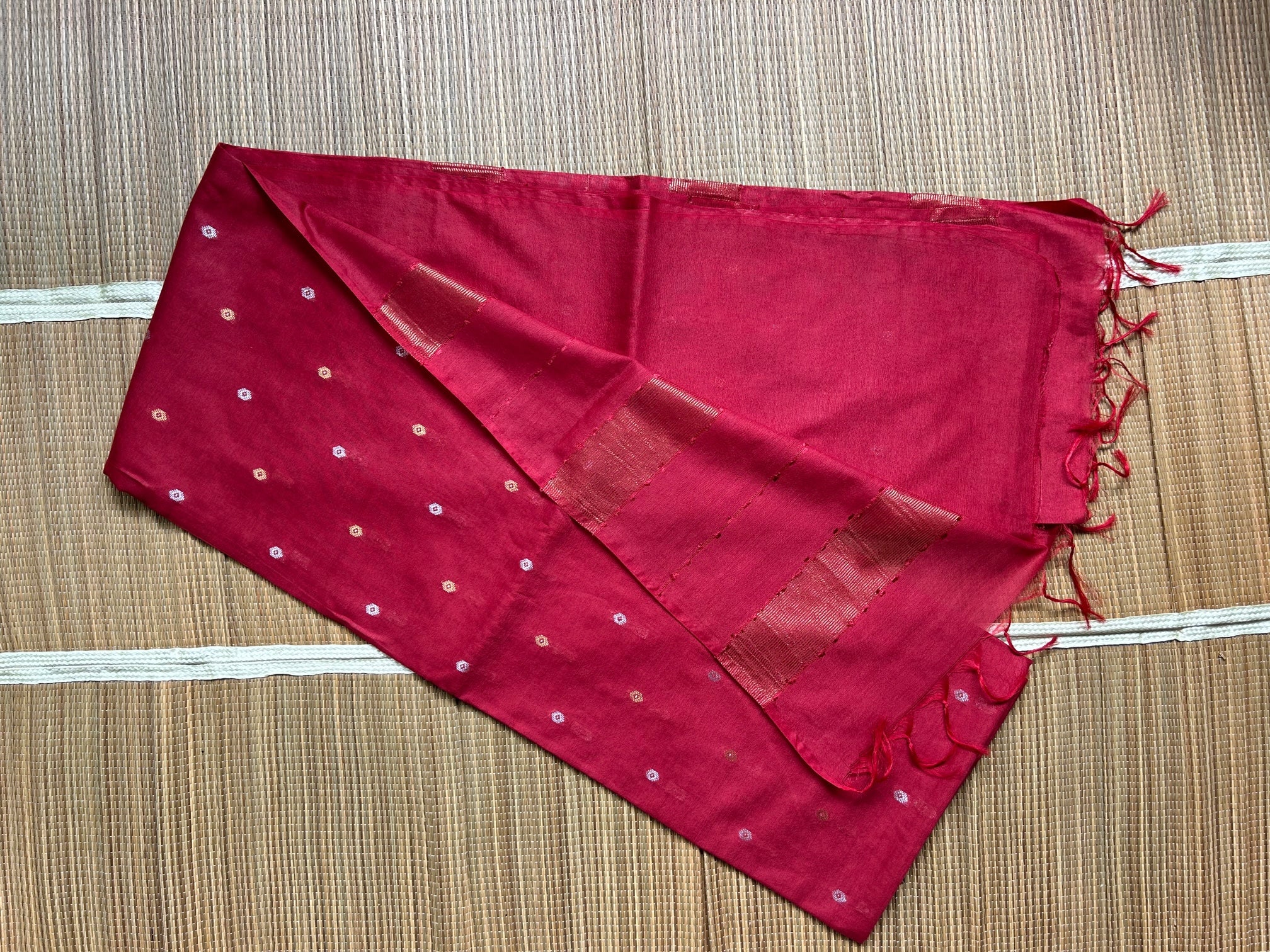 Tusser Mulberry Silk Handloom Saree with Silver & Gold  Zari weave