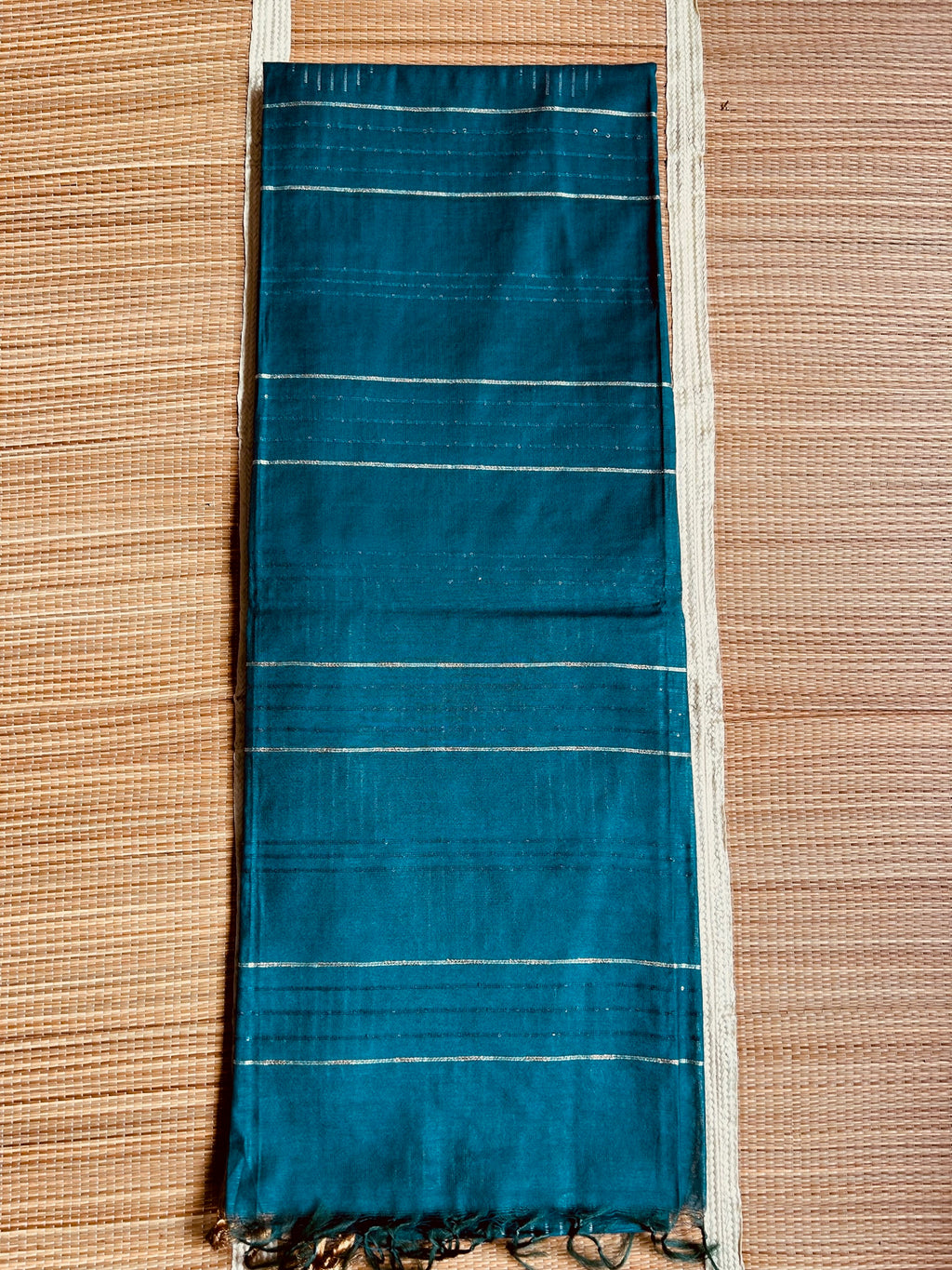 Teal Blue Eri Tussar Handloom Saree with Gold & Silver Zari Weave