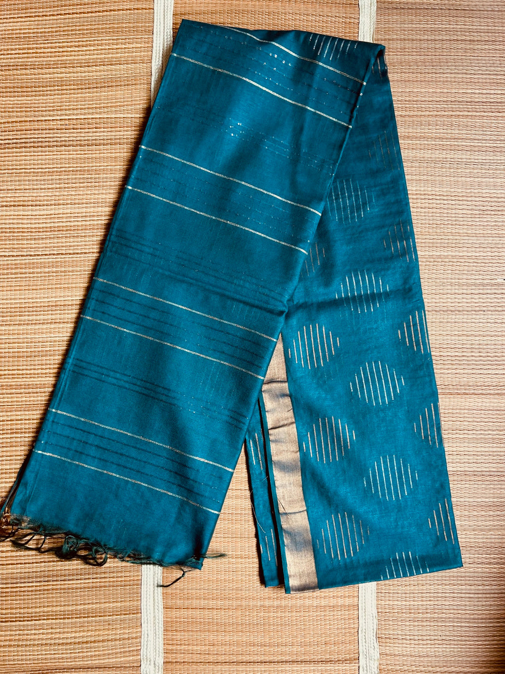 Teal Blue Eri Tussar Handloom Saree with Gold & Silver Zari Weave